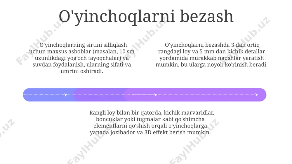 bo'lgan buyumlarni quritish uchun tekis, keng sirt kerak bo'ladi. xamirni quritish add text add text add text add text add text add text yupqa qatlamli xamirni quritish uchun 1-2 soat kifoya qilsa, qalinroq buyumlarni quritish esa 2 dan 5 kungacha vaqt talab qilishi mumkin. harorat va namlik ham quritish jarayoniga ta’sir qiladi. xamirni 24-48 soat davomida, har 6-8 soatda bir tomonini aylantirib, salqin va quruq joyda quritish tavsiya etiladi, bu esa yorilishning oldini oladi va bir tekis quritishni ta’minlaydi. mikroto'lqinli pechda xamirni quritish mumkin emas, chunki bu xamirning ichki qismini yondirishi va yorilishini keltirib chiqarishi mumkin. faqat tabiiy yo'l bilan quritish tavsiya etiladi. xamirni tayyorlash 01 02 03 rangli xamir tayyorlash uchun oziq-ovqat bo'yoqlari yoki tabiiy bo'yoqlar, masalan, maydalangan sabzavotlar (1 osh qoshiq) dan foydalanish mumkin. xamirning rangi bo'yoq miqdoriga bog'liq. xamirni yaxshilab yoğurish uchun kamida 5-7 daqiqa vaqt ajratish kerak, bu uning elastik va shakllarni yaxshi saqlaydigan bo'lishiga yordam …