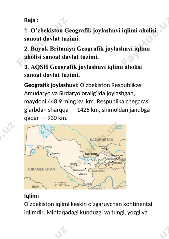 inobarin bulardan oltmish turi xalq xoʻjaligida allaqachon foydalanilayotgan koʻpgina foydali qazilmalar kompleksi aniqlangan. oʻzbekiston oltin, uran, mis, tabiiy gaz, volfram, kaliy tuzi, fosforitlar, kaolin kabi foydali qazilmalar zahirasi boʻyicha nafaqat mdh davlatlari oʻrtasida, balki butun dunyoda yetakchi oʻrin egallashi tasdiqlangan. jumladan oltin zahirasi boʻyicha dunyoda toʻrtinchi, uni qazib olish boʻyicha yettinchi, mis zahirasi boʻyicha oʻninchi-oʻn birinchi oʻrinlarni, uran zahirasi boʻyicha yettinchi-sakkizinchi, qazib olishda oʻn birinchi-oʻn ikkinchi oʻrinlarni egallashi qayd etilgan. quyida zikr etilgan mineral xom ashyo zahiralari nafaqat mavjud togʻ-kon komplekslarida kelajakda qazib olish faoliyati muddatini uzaytiradi, balki ularning oltin, uran, mis, qoʻrgʻoshin, kumush, litiy, fosfor, kaliy tuzlari, qalay shpati, vollastonit, qishloq xoʻjaligi ximiyaviy rudalari va boshqa bir qator foydali qazilmalarning yana qaytadan qazib olishni tashkil qilish va ularning quvvatini oshirishni ta'minlashga xizmat qiladi. rasmiy nomi — buyuk britaniya va shimoliy irlandiya birlashgan qirolligi. poytaxti—london. hududi—244100 km.kv. (shotland orollari bilan birga). aholisi — 60,1 kishidan ortiq (2012). davlat tili—ingliz. dini—protestantlik …