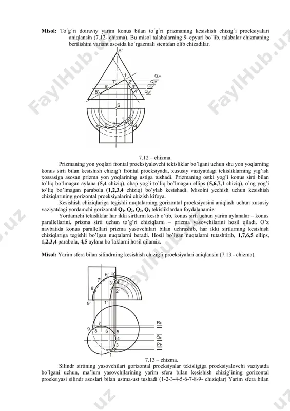 g kesishish chizig’ining gorizontal proeksiyasi ma’lum bo’lib, u gorizontal proeksiyalovchi prizmaning asoslari bilan ustma-ust tushadi. shu x, m, z, y, n nuqtalarni belgilab olib yordamchi frontal q, t, r, p tekisliklar o’tkazamiz. yordamchi t frontal tekislik bir prizmaning chap qirrasini, ikkinchi prizmaning 1, 2 yasovchilarini kesib o’tib, natijada ikki prizma sirtining kesishish chizig’iga tegishli bo’lgan m’, n’ nuqtalarni beradi. qolgan x’, y’, z’ nuqtalar ham shu tartibda topiladi. hosil qilingan nuqtalar o’zaro tutashtirilib, ikki prizma kesishish chizig’ining frontal proeksiyasini hosil qilinadi. bu erda m’– x’- n’ siniq chiziq kuzatuvchiga ko’rinadi, m’-z’-y’-n’ siniq chiziq ko’rinmas bo’ladi. misol: togri prizma sirti bilan piramida sirtining kesishish chizigi proeksiyalari chizilsin (7.15-chizma). bu misol mexanika talim yonalishidagi talabalarning mustaqil-grafik ishi bolib, a,b,c,d piramida va e,k,u,q prizma (x,y,z) koordinatalari millimetrlarda variant asosida beriladi. 7.15 – chizma. to’g’ri prizma sirti gorizontal proeksiyalovchi vaziyatda bo’lgani uchun prizma va piramida sirtlarining o’zaro kesishish chizig’ining gorizontal proeksiyasi ma’lum bo’ladi, ya’ni …