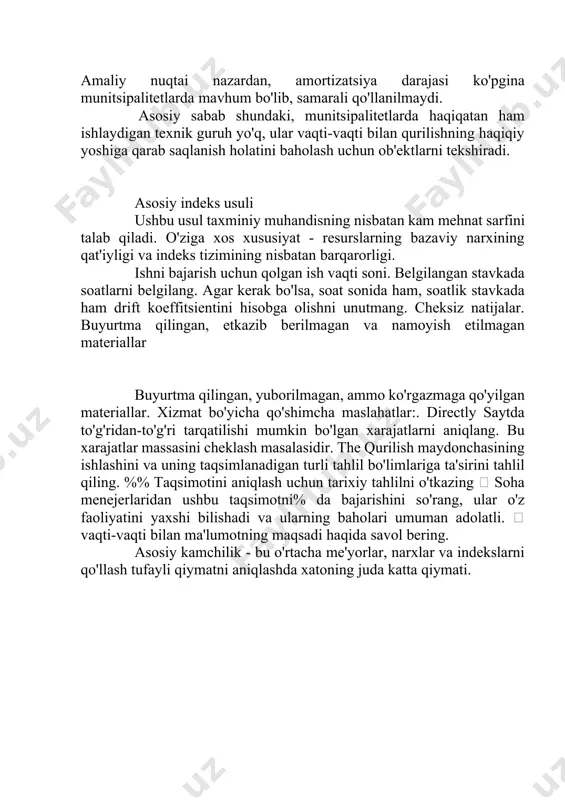 ashini va uning taqsimlanadigan turli tahlil bo'limlariga ta'sirini tahlil qiling. %% taqsimotini aniqlash uchun tarixiy tahlilni o'tkazing  soha menejerlaridan ushbu taqsimotni% da bajarishini so'rang, ular o'z faoliyatini yaxshi bilishadi va ularning baholari umuman adolatli.  vaqti-vaqti bilan ma'lumotning maqsadi haqida savol bering. asosiy kamchilik - bu o'rtacha me'yorlar, narxlar va indekslarni qo'llash tufayli qiymatni aniqlashda xatoning juda katta qiymati. mavzu:qurilish narxini aniqlash usuli reja: asosiy indeks usuli. 2. resurs - indeks usuli. 3. resurs usuli. qo‘qon shahrida ko‘rsatilgan bozor xizmatlari hajmi 12,1 % ga o‘sdi 24/09/2024 2024 - yil yanvar - iyul oylari holatiga qo‘qon shahri bo‘yicha ko‘rsatilgan bozor x izmatlari hajmi 3 029,0 mlrd so‘mga yetdi. bu ko‘rsatkich o‘tgan yilning mos davriga nisbatan 112,1% ni tashkil etdi. shundan: moliya xizmatlari – 834,1 mlrd savdo xizmatlari – 869,2 mlrd transport xizmatlari – 526,3 mlrd aloqa va axborotlashtirish xizmatlari – 81,9 mlrd ta’lim xizmatlari – 224,8 mlrd sog‘liqni saqlash sohasidag …