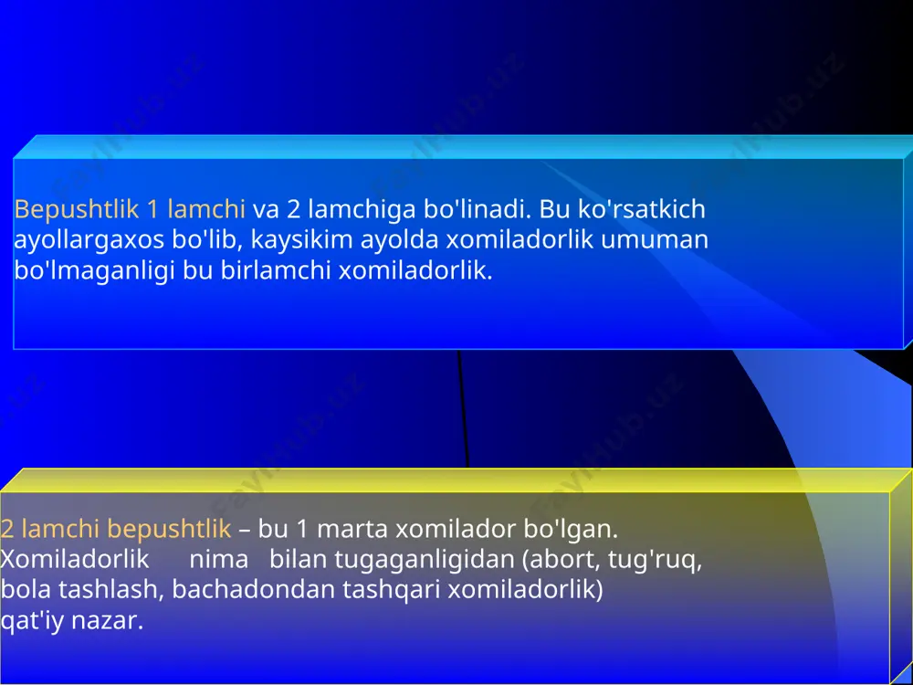 lari: naylar funktsiyasining buzilishi. infantilizm. bachadon naylari yo'qligi bachadon naylarida organik o'zgarishlar 2 asosiy turi farqlanadi: bachadon naylari organik o'zgarishlari bachadon naylari funktsiyasi buzilishi funktsional buzilishlarga sababi naylar qisqarish faoliyatining buzilishi: diskoordinasiya gipotonus giper- tonus organik o'zgarishlarga kiradi: sterilizatsiya va b. nay buralishi chandiq xosil bo'lishi o'tkazuvchanlik buzilishi naylar bepushtligi diagnostikasi anamnez jinsiy aloq'a soni, partnyorlar almashuvi va ulardagi yalliglanish kasalliklari gsg laparoskopiya qabul qilgan kontratseptsiya uslubi jinsiy aloqa davrida chanoqda og'riq, algodismenoreya abortdan va tugruqdan so'ngi davrning kechish xususiyatlari operatsiyadan keyingi davr. jinsiy va boshqa organ sistemalarining surunkali yallig'lanish kasalliklari funktsional naylar bepushtligini davolash. psixoterapiya sedativ dorilar trankvilizatorlar spazmolitik preparatlar beta-adrenoblokatorlar prostaglandinlar (naprosin, indometatsin) gormonal buzilishlar korrektsiyasi balneoterapiya serovodorodli vanna organik naylar bepushtligini davolash. surunkali bachadon ortiqlari yalliglanishini konservativ davolash unumsiz xisoblanadi. konservativ va operativ davolanadi. uzoq konservativ davolashda og'ir anatomo – funktsional o'zgarishlar qoladi: gormonlarga javob reaktsiyasi pasayadi. shilliq qavati deformatsiyasi distrofik o'zgarishlar surunkali yallig'lanish steroidogenez buzilishlari bachadon …