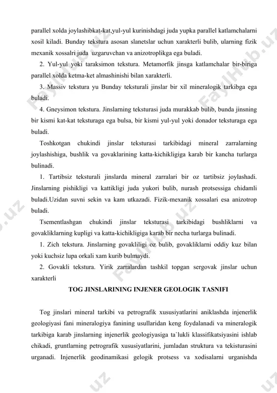 lar uchun xarakterli tog jinslarining injener geologik tasnifi tog jinslari mineral tarkibi va petrografik xususiyatlarini aniklashda injenerlik geologiyasi fani mineralogiya fanining usullaridan keng foydalanadi va mineralogik tarkibiga karab jinslarning injenerlik geologiyasiga ta`lukli klassifikatsiyasini ishlab chikadi, gruntlarning petrografik xususiyatlarini, jumladan struktura va tekisturasini urganadi. injenerlik geodinamikasi gelogik protsess va xodisalarni urganishda dinamik geologiya usullaridan keng foydalanadi, bu protsesslarning xosil bulishi sababini aniklab, kurilish ob`yektlariga kanday ta`sir kursatishini oldindan belgilab beradi. geologik protsesslarning sodir bulishi, rivojlanish dinamikasi joylarning geomorfologik tuzilishiga boglik. joylarning past —balandoligi jinslarning tarkibi turli geologik protsesslarning vujudga kelishida muxim rol uynadi. injenerlik geologiyasi matematika, nazariy mexanika, fizika va ximiya fanlari bilan uzviy boglangan va ularning yutuklaridan keng foydalanadi. tog jinslarining injener —geologik axamiyati. kurilish maydonlarida xar xil tog jinslari ishlatiladi. injenerlik —geologik karta tuzilayotganda bu tog jinslari gruppalashtiriladi. tog jinslari gruppalariga karab inshoot kuriladigan uchastkaning injenerlik-geologik sharoiti baxolanadi. xozirgi paytda tog jinslarining f.p.sovarenskiy tuzgan umumiy injenerlik-geologik klassifikatsiyasidan keng foydalanilmokda. …