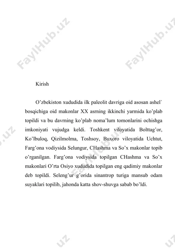 nalaridir. teshiktosh gʻori - mustye madaniyatiga mansub neandertallartshg makoni. surxondaryo viloyati boysun tumanidagi turgandaryoning zovtalashgansoy darasida, dengiz sathidan 1500 m bal.da joylashgan. gʻorning shipi teshik, nomi ham shundan, kirish qismi shim.sharq tomonga qaragan boʻlib bal. 7 m, eni 20 m, uz. 21 m. uning umumiy maydoni 300 kv m boʻlib, shundan 100 kv. m joy i neandertallar yashaganligidan guvoxlik beruvchi arxeologik materiallarga ega. t.gʻ. yashash uchun qulayligi tufayli gʻorni vaqtvaqti bilan suv bosib turishiga qaramasdan neandertal odamlar uni butunlay tark etmaganlar. gʻorni birinchi marta 1938—39 yillarda a. p. okladnikov oʻrgangan. t.gʻ. 5 ta madaniy qatlamdan iborat boʻlib, bu manzilgoh bir necha marotaba tark etilganidan dalolat beradi. gʻorning har bir qatlamida bittadan va baʼzilarida ikkitadan gulxan qoldiqlari saqlanib qolgan. gulxanlar atrofida koʻplab togʻ echkisi, bugʻu, sirtlon, ayiq, quyon va har xil qushlarning suyak qoldiqlari, 3000 ga yaqin tosh buyum, tosh uchirindisidan tayyorlangan uchburchak shakldagi 24 ta qurol, qirquvchi va tarashlovchi sifatida …