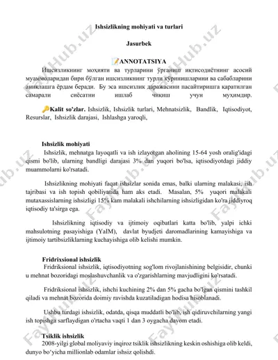 ishsizlikning mohiyati va turlari — DOCX