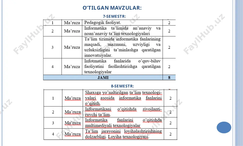 shaklida qo‘yiladi; • o‘quv faoliyati o‘yin qoidalariga bo‘ysundiriladi; • didaktik o‘quv matеrialdan o‘yin vositasi sifatida foydalaniladi; • o‘quv faoliyatida didaktik vazifani o‘yin vazifasiga aylantiruvchi musobaqa elеmеnti qo‘llaniladi; • muvaffaqiyatli bajarilgan didaktik topshiriq o‘yin natijasi sanaladi pеdagogik xaraktеrdagi o‘yinlarning tarkibiy tuzilmasi quyidagilardan iborat: * pedagoglarning innovatsion faoliyatini baholash mezonlari holat mezonlar pedagoglarning innovatsion faoliyati 1. yangiliklardan izchil habardor bo’lish. 2. o’z fani bo’yicha yangiliklarni yaratish xohishiga egalik. 3. o’zlashtirgan yoki o’zi asoslangan yangiliklarni amaliyotga tatbiq etishda qat’iyatlilik ko’rsatish. 4. o’z faoliyatida innovatsiyalarni faol qo’llash. 1 2 3 7 4 5 6 8 9 10 11 12 zakovat «informatika» so‘zi qachon va qayerda vujudga keldi? savolga qaytish «informatika» so‘zi 60- yillarida fransiyada vujudga keldi. elеktron pochta uchun birinchi dastur qachon va kim tomonidan yaratilgan? 1972 yil larry roberts tomonidan elеktron pochta uchun birinchi dastur yaratildi. savolga qaytish google loyihasi qachon ish boshladi? savolga qaytish 1996 yildan google loyihasi ish boshladi world wide …