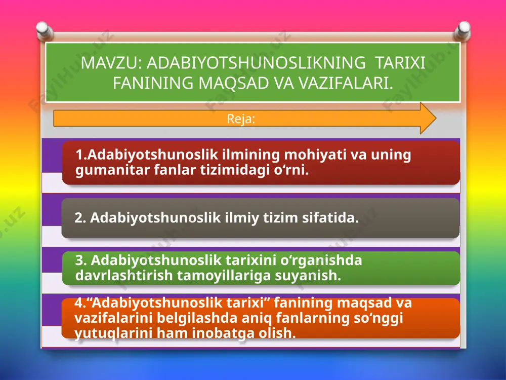 r berishni o'z oldiga maqsad qilib qo'yadi. mazkur kursda adabiyot nazariyasining qoidalari bilan tanishtiriladi. bundan maqsad, talabalarda badiiy adabiyotni tushunish, uni ilmiy o'rganish va baholay olish malakasini orttirishdir. adabiyotshunoslik atamasi 1842 yilda olmoniyada paydo bo'ldi. atama keyinchalik rossiyaga o'tgan (literaturovedenie). adabiyotshunoslikning ob’yekti - muayyan tarixiy sharoit bilan bog'liq ravishda olinadigan adabiy mahsulot va uning yaratilish jarayonidir. adabiyotshunoslikning predmeti - badiiy adabiyotdir. adabiy jarayon adabiyotning rivojlanish yo'lidir. adabiyotshunoslik adabiyotni o'rganar ekan, mumtoz yozuvchi va shoirlar ijodi, ularning adabiyot haqidagi fikrlariga asoslanadi. adabiyotshunoslikka kirish umuman badiiy adabiyot to'g'risidagi dastlabki va umumiy ma’lumotlarni beradi. adabiyotshunoslikka kirish adabiyot nazariyasidan soddaroqdir. o'zbek tilida «adabiyot» atamasi xx asr boshlarida paydo bo'ldi. oldinlari badiiy adabiyotni anglatadigan yagona atama bo'lmagan. uning o'rniga «nazm, so'z, sanoi nafisa, abyot, nasr, she’r, musannifot» kabi so'zlar ishlatilgan. jumladan, alisher navoiy ham adabiyotga nisbatan «so'z» degan. shunday qilib, she’riy va nasriy badiiy so'zni birlashtirib «adabiyot» deb atash odat tusiga kirmagan edi. birinchi marotaba …