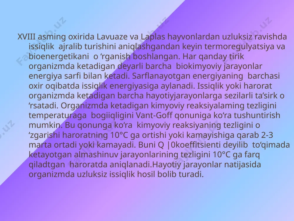 a yaqin, sut emizuvchilarda esa o‘rtacha 39°c ga yaqin. tana harorati hosil boiayotgan issiqlik bilan ajratilib chiqarilayotgan issiqlikni nisbatiga bogiiq. tana haroratining bir kecha-kunduzlik o‘zgarish yoii. tana haroratining o‘rtacha ko‘rsatkichi deb qoitiq tagi chuqurligidagi harorat olinadi. bu harorat odamlarda o‘rtacha 36.5-37 с ga teng. hayvonlarda esa mo‘tadil harorat to‘g‘ri ichakdan oichanadi. jadal almashinuv kechayotgan ichki organlaming harorati doimo o‘rtacha tana harortidan yuqori, terming harorati esa past boiadi. terming harorati 30-31°s dan pastga tushsa sovuq seziladi. hattoki sogiom odamlarda ham jadal ravishda jismoniy ish bajarganida ayrim vaqtda tana harorati 39-40 s gacha ko‘tarilishi kuzatiladi, bu holat esa juda tez o‘z holatiga qaytadi. haroratning bir kecha-kunduzlik o‘zgarishi organizmdagi asosiy jarayonlarni o‘zida aks ettiradi - puls, kislorod qabul qilish, qondagi qandning miqdori, organizmdan azotni chiqarilishi va hakazolar. odam dam olayotgan paytda ularda minimal harorat kechasi soat 2-4 larda kuzatilsa, maksimal harorat kechqurun 4-7 larda kuzatiladi. termoregulatsiya jarayonlari 2 ta turga bo'linadi. bular: 1.kimyoviy …