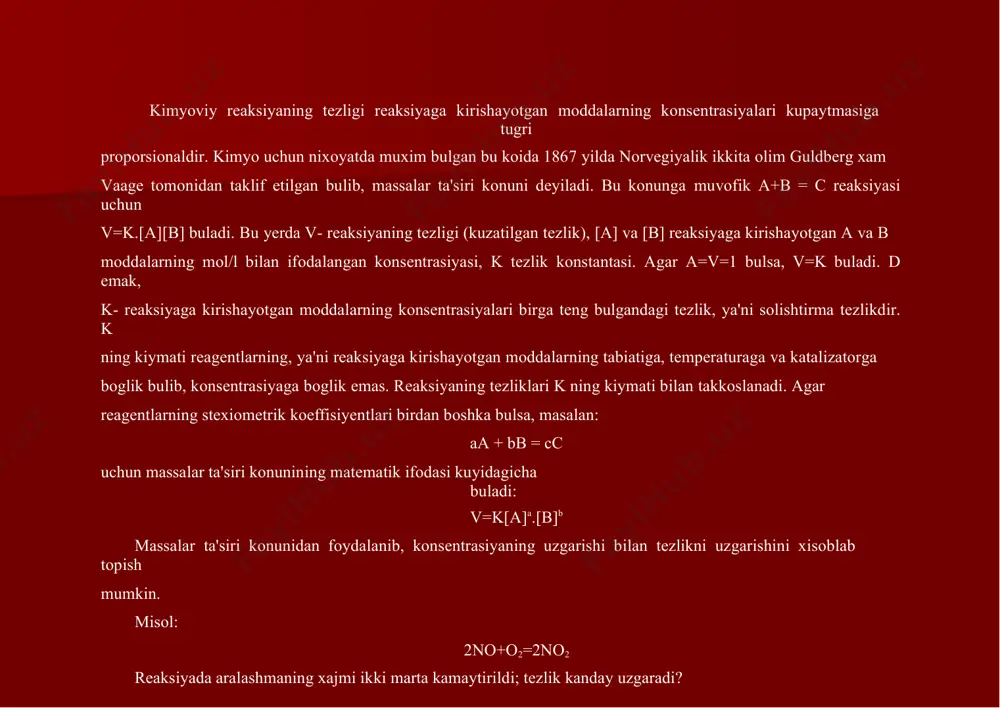 nda kipchilik reaksiyalarning tezligi 2-4 marta ortadi. t 2  t 1 10 vt2=vt1· γ bunda: vt2·vt1 (1) boshlang`ich (2) oxirgi xarakatlardagi reaksiya tezligining xarorat koeffisienti u reaksiyaga kirishuvchi moddalarning xarorati 10o ga kitarilganda reaksiyaning tezligini necha marta oshishini kirsatadi. kimyoviy reaksiya tezligiga oid tajribalar 2-tajriba. kimyoviy reaksiya tezligiga konsentrasiyaning ta'siri. a) toza probirkaga 1n eritmasidan oltingugurt hosil bo`ladi: 2na 2s2o3 +h2so4 =na 2so4 +so2 +s+h2o 1ml natriy tiosulfat bu reaksiya boshlanishidan to eritmaning sezilarli darajada loyiqalanishigacha bo`lgan vaqt reaksiyaning nimasiga bog`liqligini tushuntirib bering. b) uchta toza probirka olib, birinchi probirkaga 4 ml natriy tiosulfat eritmasidan ikkinchi probirkaga 2 ml natriy tiosulfat va 2 ml suv, uchinchi probirkaga 1 ml natriy tiosulfat va 3 ml suv quying. so`ngra boshqa toza uchta probirkaning har biriga 2 ml sulfat kislota eritmasidan quying. so`ngra sekundometrni oldingizga qo`yib birinchi probirkaga (4 ml eritmasi bor probirkaga) sulfat kislota eritmasidan 2 ml solib, loyqalanish vaqti qayd …