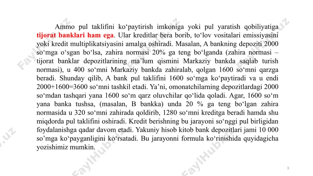 nki ortiqcha zahira sifatida depozitlar summasidan yana 5% ga ega. depozitlar miqdori 20 000$ ni tashkil etadi. bank ssuda berish uchun qanday maksimal summadan foydalanishi mumkin? yechish: majburiy zahiralar miqdori: 20 000$ 0,2 = 4 000$ ni tashkil etadi. ortiqcha zahiralar: 20 000$ 0,05 = 1 000$ ga teng. pul zahiralari: 4 000$ + 1 000$ = 5 000$ ga teng. agar zahiralar 5 000$ ni tashkil etsa, u holda bank qolgan mablag‘lardan ssuda berish uchun foydalanishi mumkin: 20 000$ – 5 000$ = 15 000$. 9 markaziy bank pul taklifini avvalambor, pul bazasiga ta’sir etish yo‘li bilan tartibga soladi. mamlakatda pul miqdori ko‘payadi, agar: - pul bazasi o‘ssa; - majburiy zahiralash normasi pasaytirilsa; - tijorat banklarining ortiqcha rezervlari kamaysa; - naqd pullarning depozitlar umumiy summasiga nisbati pasaysa. 10 pul bozoridagi muvozanat md2 i ms1 ms2 md1 pul bozoridagi ekzogen ko’rsatkichlar: daromad darajasi - pulga bo’lgan talab egri chizig’ining (md) …