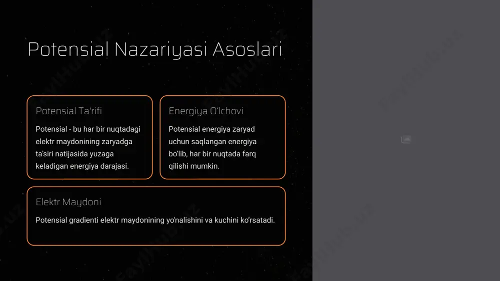 a keltirish, energiya ta’minoti va signal uzatishda muhim. 5 elektr potensial va kuchlanish o'rtasida matematik bog'lanish potensial ta’rifini aniqlash elektr potensial v = e/q ko‘rinishida ifodalanadi, bu yerda e – potentsial energiya, q – zaryad. kuchlanish hisoblanishi kuchlanish v_ab = v_a - v_b formulasi bilan ifodalanadi, bu ikkita nuqta orasidagi potensial farqdir. ilovalar ushbu formulalar elektr tarmoqlarini loyihalash va tahlil qilishda zarur bo‘lgan asosdir. 6 potensial kuchlanishni amaliy misollar batareyalarda potensial batareyalar kimyoviy energiyani elektr potensialga aylantiradi. elektr tokini olib borish kuchlanish farqi tokni yaratib, qurilmalarni ishga tushiradi. energiya uzatish elektr energiyasi tarmoqlari kuchlanishni boshqarish orqali kuchli elektr oqimini ta'minlaydi. 7 asosiy xulosalar va keyingi qadamlar 1 2 3 potensial va kuchlanish o‘rtasidagi bog‘lanish elektr va elektronika sohasidagi fundamental tushunchadir. ular tizimlarning ishlashini chuqur tushunishga yordam beradi va kelajakda yanada murakkab elektromexanik tizimlarni loyihalashda asos bo‘ladi. potensial ta'siri potensial zaryadlangan zarrachalarning energiyasini ifodalaydi. kuchlanish farqi energiya oqimini boshqaruvchi asosiy omildir. …