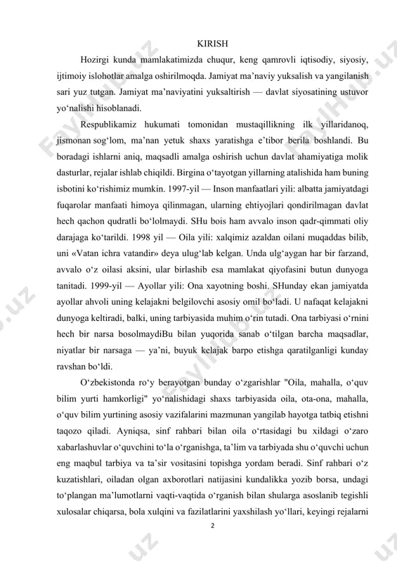 lla, o‘quv bilim yurti hamkorligi" yo‘nalishidagi shaxs tarbiyasida oila, ota-ona, mahalla, o‘quv bilim yurtining asosiy vazifalarini mazmunan yangilab hayotga tatbiq etishni taqozo qiladi. ayniqsa, sinf rahbari bilan oila o‘rtasidagi bu xildagi o‘zaro xabarlashuvlar o‘quvchini to‘la o‘rganishga, ta’lim va tarbiyada shu o‘quvchi uchun eng maqbul tarbiya va ta’sir vositasini topishga yordam beradi. sinf rahbari o‘z kuzatishlari, oiladan olgan axborotlari natijasini kundalikka yozib borsa, undagi to‘plangan ma’lumotlarni vaqti-vaqtida o‘rganish bilan shularga asoslanib tegishli xulosalar chiqarsa, bola xulqini va fazilatlarini yaxshilash yo‘llari, keyingi rejalarni belgilasa, erishilgan darajani hisobga olib yangi pedagogik talablar qo‘yib bo‘lsa, tarbiya albatta samarali natija beradi. sinf rahbarining ota-onalar bilan olib boradigan ishlari g‘oyat keng, ko‘p qirrali bo‘lib, bu ishlar faqat sinf va maktab miqyosi bilan cheklanmaydi, aksincha turar joylardagi va o‘quvchining ota-onasi ishlab turgan korxonadagi jamoatchilik bilan ham yaqin aloqada bo‘lishni taqozo etadi. yuqorida keltirilib o‘tilgan fikrlardan ma’lum bo‘ladiki, shaxsni tarbiyalashda oila, maktab va mahallaning hamkorlik usullarining xilma-xilligini ko‘rsatadi …