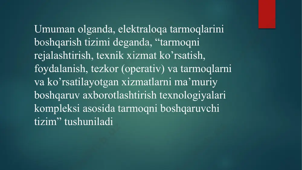 larni tashkil etish, tavsifnomalar asosida marshrutlarni o’zgartirish, tugallanishi gumon bo’lgan chaqiruvlardan himoya qilish, tranzit yuklamalarni chegaralash, yuklamalar ortib ketgan hollarda uskuna konfiguratsiyasiga o’zgartirish kiritish, ishchi dasturlarni dispetcherlashga moslashtirish va x.k.lar); tarmoqdan chiqishda yuklamalarni boshqarish (xizmat ko’rsatib bo’lingan yuklamalarni oshirish choralari); v) xizmat xabarlarini shakllantirish, ularni texnik xizmat ko’rsatish markazlari va tarmoqni boshqaruv markazlariga berish. image6.gif image7.gif image8.gif image9.png image10.gif image2.png image3.png image4.png image5.png /docprops/thumbnail.jpeg