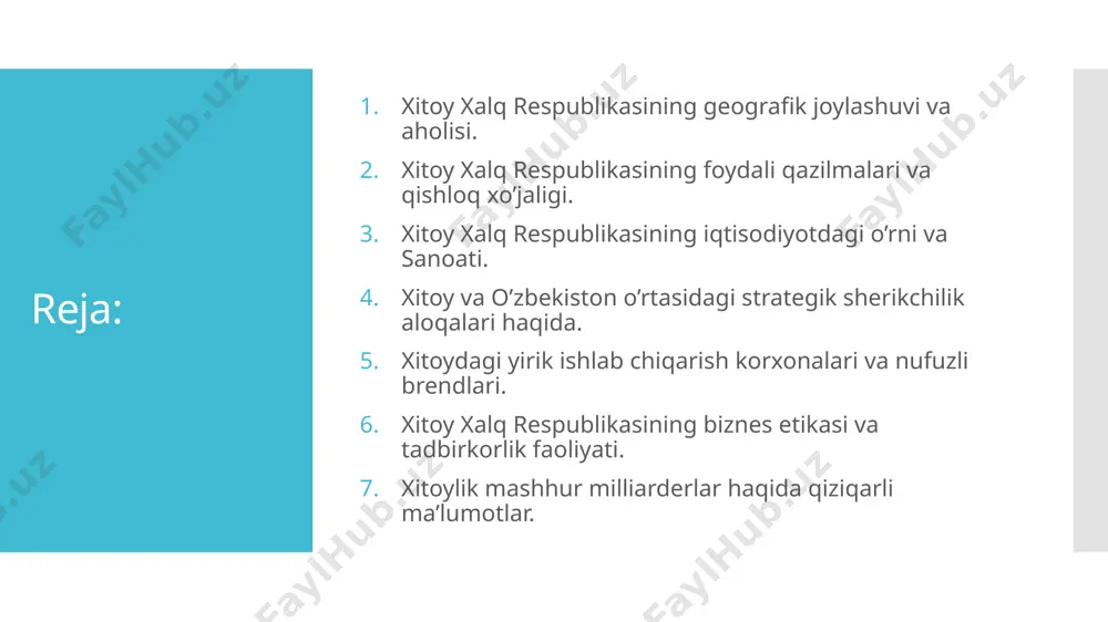 spublikasida qishloq xo’jaligi ham keng rivojlangan. xitoyda birinchi navbatda guruch,bug’doy,kartoshka,pomidor, jo’xori , yeryong’oq, choy, tariq, arpa, paxta, moyli o’simliklar va soya yetishtiriladi. 3. xxr ning iqtisodiyotdagi tutgan o’rni va sanoati. xxr iqtisodiyotda nominal yim bo’yicha dunyoda 2-o'rinda , yalpi ichki mahsulot bo’yicha xarid qobiliyati 2014-yildan beri 1-o'rinda. xitoy iqtisodiyoti so’nggi 30 yil davomida barqaror o’sib bormoqda 2010-yilda yim bo’yicha 2-o'rinni egallaydi. 2009-yilda yim 5.02 trillion$ ni tashkil qiladi. qishloq joylarida yashirin ishsizlik darajasi 4.6%. zavodlar soni bo’yicha dunyoda 1-o'rinda. o’tgan 50 yil ichida xitoyda 370 ming ta yangi sanoat korxonalari qurildi. 4. xitoy va o’zbekiston o’rtasidagi strategik sherikchilik aloqalari haqida. xitoy va o‘zbekiston o‘rtasidagi ikki tomonlama munosabatlar rivojiga 1991-yilning 27-dekabrida asos qo‘yilgan – shu kuni xitoy o‘zbekiston mustaqilligini tan olgan. diplomatiya munosabatlari esa 1992-yil 2-yanvari kuni o‘rnatilgan edi. oradan o‘tgan yillar davomida siyosiy, savdo-iqtisodiy, kredit-moliya va madaniy-gumanitar sohalardagi hamkorlikning o‘suvchanligi bilan o‘zbekiston – xitoy sherikligi ajralib turdi. xitoy hamisha o‘zbekiston …