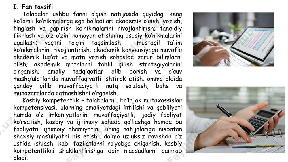 oshqaruvchi faoliyat turlari. ahamiyati talabalarda mustaqil fikrlash, muammolarni hal qilish, qat'iyatlik va mas'uliyatlilik kabi sifatlarni shakllantiradi. natijasi ta'lim sifatini oshirish, ilmiy izlanish ko'nikmalarini shakllantirish va kasbiy salohiyatni rivojlantirishga xizmat qiladi. 8 "academic skills" atamasining assimilyatsiyasi 1 paydo bo'lishi akademik ko'nikmalar atamasining fanga kirib kelishi xx asrning ikkinchi yarmiga to'g'ri keladi. 2 tadqiq etilishi olimlar tomonidan akademik ko'nikmalarning mohiyati, turlari, rivojlanish bosqichlari va shart-sharoitlari chuqur tadqiq etildi. 3 zamonaviy qarash hozirgi kunda akademik ko'nikmalar talabalarning bilim, ko'nikma va kompetentliklarini yuksaltirish uchun muhim omil sifatida qaralmoqda. 9 akademik ko'nikmalar turlarining tavsifi o'quv-bilish ma'ruza tinglash, darsliklar o'qish, konspekt olish, yodda saqlash, amaliy mashg'ulotlarda qatnashish. yozma nutq izohli xulosa, referat, annotatsiya, esse, kursov va diplom ishi kabi yozma ishlarni bajarish. og'zaki nutq savol berish, muloqotga kirishish, ma'ruza qilish, bahs-munozara yuritish, javob berish. ilmiy-tadqiqot amaliy tadqiqot olib borish, loyiha tayyorlash, ilmiy maqola yozish, ma'lumotlarni tahlil qilish. 10 akademik ko'nikmalar rivojlantirishning asosiy yo'nalishlari o'quv dasturlari akademik …