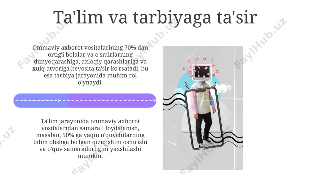 mavjud. oav orqali sog'liqni saqlashga oid 30 dan ortiq reklama kampaniyalari o'tkazilishi natijasida, aholi orasida to'g'ri ovqatlanish va jismoniy faollikka oid xabardorlik 15% ga oshgan. axborot iste'molchilari va ularning xususiyatlari axborot iste'molchilari orasida "filtr pufakchasi" hodisasi keng tarqalgan bo'lib, bu ularning faqat o'zlarining qarashlarini tasdiqlovchi axborotlarni qabul qilishiga olib keladi. yoshlar (18-25 yosh) axborot iste'molida faolroq bo'lib, ularning 90% ga yaqini kuniga kamida 3 soat turli ommaviy axborot vositalaridan foydalanadi. fikr va qarashlarni shakllantirish 15-25 yosh oralig'idagi yoshlar ommaviy axborot vositalarining ta'siriga eng sezgir bo'lib, ularning qarashlari va qadriyatlari tez o'zgaradi, bu esa ijtimoiy noroziliklarning kuchayishiga sabab bo'lishi mumkin. ommaviy axborot vositalarining manipulyativ texnikalaridan foydalanishi, masalan, selektiv axborot taqdim etish orqali, jamoatchilik fikrini 30% gacha o'zgartirishga qodir. e'tiboringiz uchun rahmat @taqdimot_robot image4.jpg image5.jpg image6.jpg image7.jpg image8.jpg image9.jpg image10.jpg image11.jpg image12.jpg image13.jpg image14.jpg image15.jpg image16.jpg image17.jpg image18.jpg image19.jpg image20.jpg image1.jpeg image2.jpeg image3.jpeg