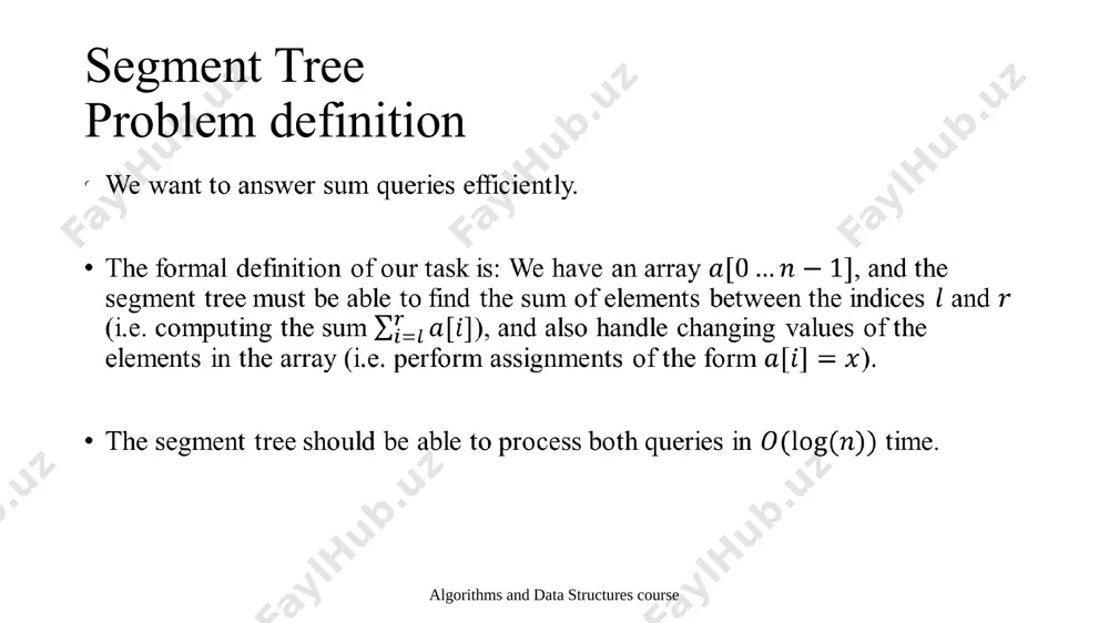 2 sum = 4 sum = 1 sum = 3 sum = -2 sum = 8 sum = -7 sum = 1 segment tree sum queries: visualization here we want to compute the sum . algorithms and data structures course 1 3 -2 8 -7 1 3 -2 8 -7 1 3 -2 8 -7 1 3 sum = 3 sum = 2 sum = 4 sum = 1 sum = 3 sum = -2 sum = 8 sum = -7 sum = 1 segment tree sum queries: visualization here we want to compute the sum . algorithms and data structures course 1 3 -2 8 -7 1 3 -2 8 -7 1 3 -2 8 -7 1 3 sum = 3 sum = 2 sum = 4 sum = 1 sum = 3 sum = -2 sum = 8 sum = -7 sum = 1 segment tree sum queries: …