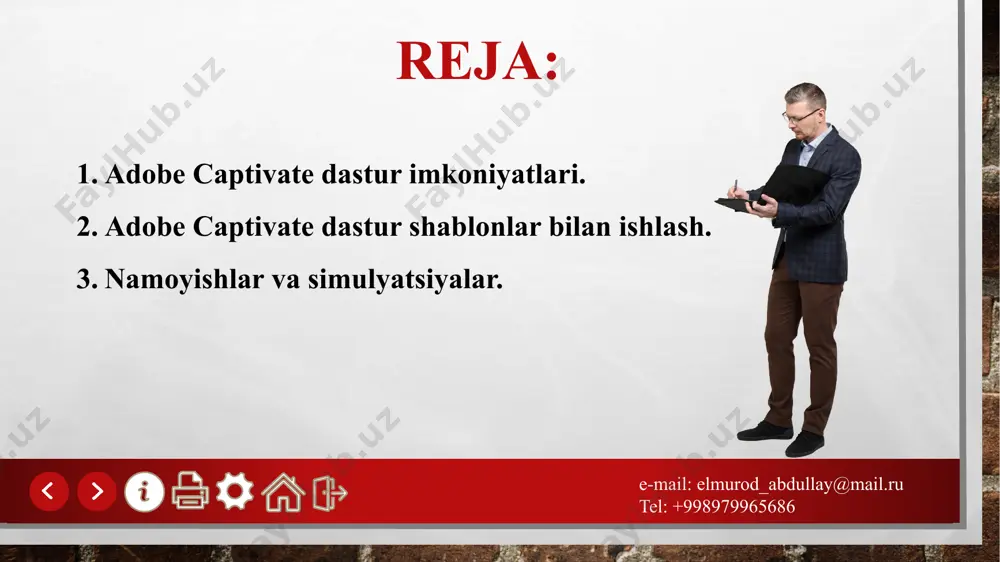 rilgan javobga bog‘liq ravishda o‘tish imkoniyatli testlar yaratish. e-mail: elmurod_abdullay@mail.ru tel: +998979965686 o‘quv materiallariga matnli ma’lumotlarni kiritish maydonlari va to‘g‘ri javobni tanlash imkoniyati bo‘lgan so‘rovlar kabi interfaol elementlar joylashtirilishi mumkin. adobe captivate fayllarining kompakt o‘lchovi va yuqori ruxsatliligi ilova bilan ishlash ko‘nik­malarga ega bo‘lishda keng foydalanish, yordamchi ma’lumotlarni taqdim etish va yangi mahsulotlar imkoniyatlarini namoyish etish imkonini beradi. e-mail: elmurod_abdullay@mail.ru tel: +998979965686 talab etilgan qismlarni kattalashtirish texnologiyasini qo‘llagan holda o‘quv kontentga ega ekranning aniq sohalariga foydalanuvchi diqqatini jalb qilish imkonini beradi. adobe captivate yordamida ishlab chiqilayotgan o‘quv kurslari flash texnologiyasiga asoslangan. e-mail: elmurod_abdullay@mail.ru tel: +998979965686 adobe captivatening yuqorida ko‘rib chiqilgan imkoniyatlariga qaramay, bu texnologiya yopiq, maxsus planshet qurilmalar va smartfonlar qo‘llab-quvvatlanmasligini ta’kidlash lo­zim. bundan tashqari, bu texnologiyalar hisoblash resurslariga juda talabchan, bu esa hozirda keng tarqalgan shaxsiy kompyuterlarning rusumlarida — noutbuklarda (ko‘p quvvat sarflaydi) ishlatish uchun noqulaylik tug‘diradi. e-mail: elmurod_abdullay@mail.ru tel: +998979965686 etiboringiz uchun rahmat!!! e-mail: elmurod_abdullay@mail.ru tel: +998979965686 image3.jpg …
