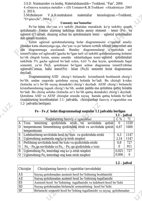 an. har bir ish bo’yicha ishning maqsadi, topshiriqlar, qisqacha nazariy ma'lumotlar, ishni bajarish bo’yicha ko’rsatmalar, ishni bajarishga oid namunalar, variantlar bo’yicha hususiy topshiriqlar va nazorat savollari berilgan. mualliflar mazkur ko’rsatma tuzilishi va mazmuni bo’yicha berilgan taklif va mulohazalar uchun minnatdorchilik bildiradi. 1 - amaliy mashg‘ulot (4-soat) mavzu: temir-sementit (fe-fe3s) holat diagrammasi. ishning maqsadi: fe-fe3s holat diagrammasini tashkil etuvchi strukturalar bilan tanishish va qotishmalarning sovitish hamda qizdirish egri chiziqlarini qurish orqali fazalar o‘zgarishini tahlil qilish. ishning vazifalari: 1. fe-fe3s holat diagrammasini masshtabda chizish. 2. diagrammani tashkil etuvchi fazalarini va ularning mexanik xossalarini keltirish. 3.variant bo‘yicha qotishmalarning sovitish va qizdirish egrichiziqlarini qurish va tahlil qilish. mavzuga oid adabiyotlar: 1.materials science and engineering. an introduction. william d.callister, jr. david g. rethwisch. 346 b. 2.fundamentals of modern manufacturing. marerials, processes and systems. fourth editions. mikell p. groover. 156 b. 3.s.d. nurmurodov va boshq. materialshunoslik─ toshkent, "fan", 2004 4.«osnova rezaniya metallov » (d) usmanovk.b.toshkent «akademiya» …
