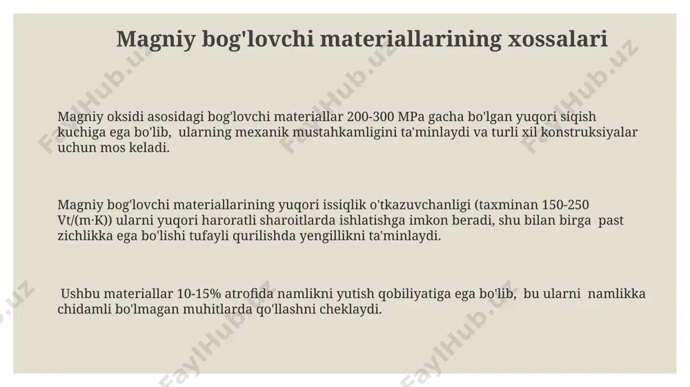 sosidagi bog'lovchi materiallarning qattiqligi mohs shkalasi bo'yicha 6 birlikni tashkil etadi, bu esa ularning aşınmaya qarshilik xususiyatlarini belgilaydi. magniy oksidi asosidagi bog'lovchi materiallar yuqori haroratlarda (1500-1800°c) sinishiga chidamlilik ko'rsatkichi yuqori bo'lgan, zich va mustahkam keramika mahsulotlarini olish imkonini beradi. ushbu materiallarning suvda eruvchanligi past, 0,01% dan kam, bu esa ularning uzoq muddatli barqarorligini ta'minlaydi va turli xil agressiv muhitlarda qo'llanishiga imkon beradi. e'tiboringiz uchun rahmat @taqdimot_robot