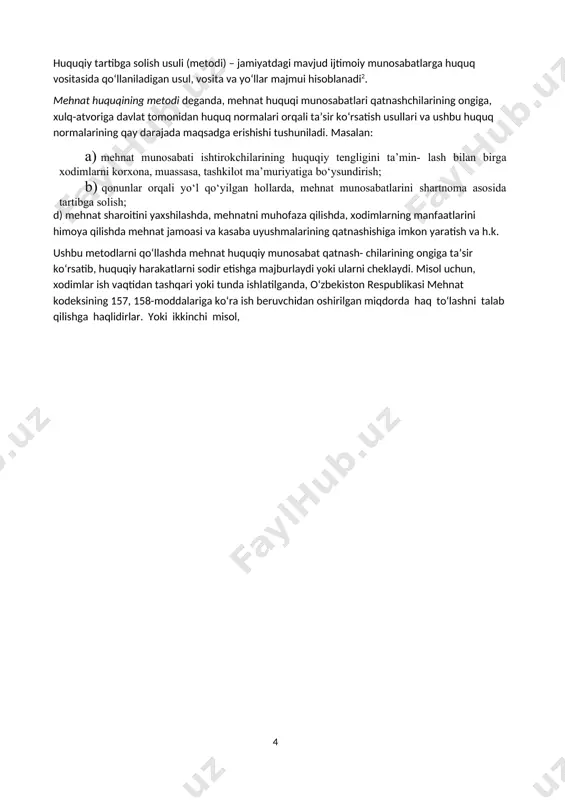 ishi jarayonida yuzaga keladi. mehnat nizolarini hal etishga oid munosabatlar xodim bilan ish beruvchi o‘rtasidagi mehnatga oid nizolarni hal etish bilan bog‘liq holatlarda vujudga keladi. mehnat munosabatlaridan kelib chiquvchi protsessual munosabatlar mehnat munosabatlarining vujudga kelishi, o‘zgarishi va barham topishi jarayonidagi protsessual tartibga solish shaklini belgilab beradi. mehnat huquqining predmeti bevosita mehnatga oid munosabatlar bo‘lganligi tufayli u fuqarolik va qishloq xo‘jalik huquqi; boshqaruv faoliyatiga bog‘liqligi uchun ma’muriy huquq; ish haqi, mukofotlar to‘lashga taalluqli bo‘lganligi uchun moliya huquqi; mehnat natijalariga ko‘ra rag‘batlantirishlarga aloqador bo‘lganligi uchun ijtimoiy ta’minot va oila huquqi kabi sohalar bilan uzviy bog‘liq. ammo bu bog‘liqlik o‘ta nisbiy bo‘lib, ularning har biri yuridik fanning mustaqil tarmog‘i ekanligini yorqin namoyish qiluvchi, boshqa fanlardan farqlashga imkon beruvchi o‘ziga xos xususiyatlarga ega. 1- §. mehnat huquqining metodlari va vazifalari metod tabiat va ijtimoiy hayot hodisalarini o‘rganish, bilish, tadqiq etish usulidir. yuridik fanning metodi – davlat va huquqiy voqeliklarni anglash, yuridik bilimlar hosil qiluvchi …