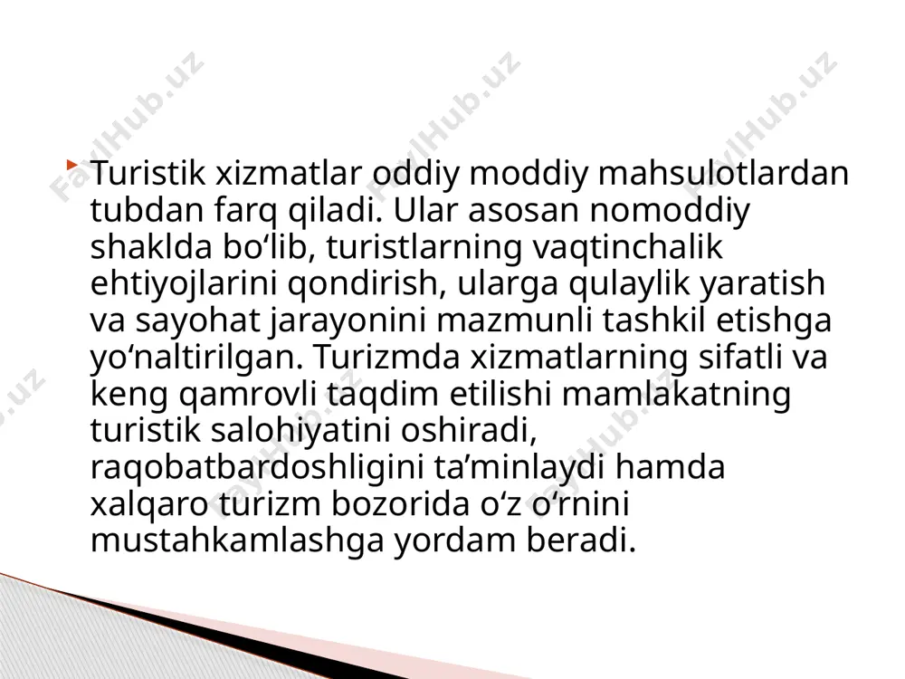 i bir xil mehmonxonada turli turistlar turlicha taassurot oladi. bu xizmat sifatini nazorat qilish va standartlashtirishni qiyinlashtiradi. shu bilan birga, turistik xizmatlar sifatga yuqori sezgirlik bilan ajralib turadi. agar xizmat kutgan darajada bo‘lmasa, bu butun sayohat taassurotini salbiy tomonga o‘zgartirishi mumkin. shu sababli sifatni oshirish, xodimlarni malakali tayyorlash, qulay sharoit yaratish turizmda eng asosiy vazifalardan biri hisoblanadi. nihoyat, turistik xizmatlarning majmuaviylik xususiyati mavjud: ularni odatda kompleks shaklda – transport, joylashtirish, ovqatlanish va ekskursiya xizmatlari birgalikda paket ko‘rinishida taqdim etiladi. bu majmua turist uchun qulaylik yaratadi va sayohatdan oladigan umumiy qoniqishni belgilaydi. demak, turistik xizmatlarning nomoddiylik, mavsumiylik, xilma-xillik, bir vaqtda ishlab chiqarish va iste’mol qilinishi, takrorlanmaslik, sifatga sezgirlik hamda majmuaviylik kabi xususiyatlari ularni boshqarish, marketing qilish va rivojlantirishni murakkab, ammo zarur jarayonga aylantiradi. shu xususiyatlarni hisobga olib, turistik xizmatlar tizimini samarali tashkil etish mamlakatning turizm industriyasini rivojlantirish, turistlar oqimini ko‘paytirish va iqtisodiy foydani oshirishda beqiyos ahamiyat kasb etadi. turizmda xizmat ko‘rsatish …
