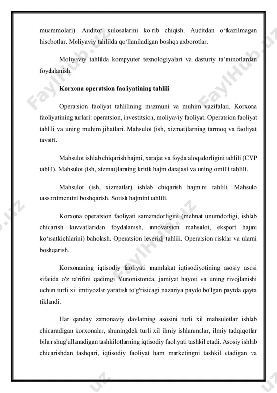 urlari hamda javobgarlik markazlari bo‘yicha xarajatlar tahlili. moddiy, mehnat haqi va amortizatsiya xarajatlari tahlili. mahsulot ishlab chiqarish tannarxini tahlili. mahsulot (ish, xizmat)larning xarajat sig‘imini tahlili. davr xarajatlari deyilganda– bevosita ishlab chiqarish jarayoni bi-lan bog‘liq bo‘lmagan xarajatlar va sarflar tushuniladi. davr xarajatlari tarkibiga mahsulot ishlab chiqarish tannarxiga kiritilmaydigan xo‘jalik sarflari kiritiladi. ularni yuzaga chiqish shakli va o‘rniga qarab quyidagilarga ajratish mumkin. - sotish xarajatlari; - ma’muriy xarajatlar; - boshqa umumxo‘jalik xarajatlari. sotish xarajatlari«mahsulot (ish bajarish, xizmat ko‘rsatish)lar ishlab chiqarish va sotish xarajatlari tarkibi hamda moliyaviy natijalar- 382ning shakllanish tartibi to‘g‘risida»gi nizomga muvofiq to‘g‘ridan to‘g‘ri korxona faoliyati natijaviyligi bilan bog‘lanishi tartiblangan. sotish xarajatlari mahsulotlarni xaridor va buyurtmachilarga ortib jo‘natish va sotish bilan bog‘liq bo‘lgan xarajatlarni o‘z ichiga oladi. sotish xarajatlarini ish haqi xarajatlari, ish haqidan ajratmalar, material xarajatlari, asosiy vositalar va nomoddiy aktivlar amortizat-siyasi, reklama xarajatlari, ish va xizmatlar, boshqa xarajat moddalari bo‘yicha tarkiblash va tahlil etish mumkin. sotish xarajatlarining qoplanishi korxonaning …