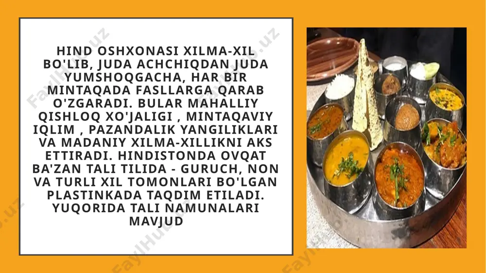 bilan birga keladi. hindistonda an'anaviy tushlik odatda janubda va sharqda guruchning asosiy taomidan va shimolda bug'doy rotisidan iborat. u odatda ikki yoki uch turdagi sabzavotlarni, ba'zan esa kulcha , naan yoki parathas kabi narsalarni o'z ichiga oladi . ovqat hazm qilishga yordam beruvchi paan (to'ldirilgan, ziravorlangan va katlanmış zeytun barglari ) hindistonning ko'p joylarida ko'pincha tushlik va kechki ovqatdan keyin iste'mol qilinadi. 2017-yilda hindiston hukumati xichdini “hindiston brendi” taomi sifatida targ‘ib qilish rejasini e’lon qilgan va world food india tadbirini tashkil qilgan, unda 918 kg xichdi pishirilib, ommaga taqdim etilgan. xichdi hindistonning klassik milliy taomidir , u hindistonda asrlar davomida iste'mol qilinadi. bu guruch, yasmiq va ba'zi ziravorlar bilan tayyorlangan oddiy taom, lekin u lazzat va iliqlik bilan porlaydi. ob-havo o‘zingizni his qilyapsizmi yoki shunchaki tasallili taomga muhtojmisiz, xichdi kayfiyatingizni ko‘tarish uchun doimo u yerda. hindistonning milliy taomiga aylanish uchun keyingi eng yaqin nomzodlar idli va meduvadadir. siz ularni hindistondagi …