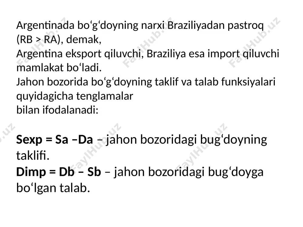 hiqaradi va shu orqali yutuqlarga erishadi. uning mulohazalari nisbiy ustunlik nazariyasida o‘z yechimiga ega bo‘ldi. masalan, portugaliyada ishlab chiqarilgan movut va angliyada ishlab chiqarilgan vino individual xarajatlarga ega bo‘lsin. shuni hisobga olgan holda d.rikardoning “nisbiy ustunlik” nazariyasini qo‘llaymiz: o‘zida ishlab chiqarilgan mahsulotga solishtirganimizda esa 8/9 donaga ega bo‘lar edi. boshqacha aytganimizda, portugaliyaning vino ishlab chiqarish va movutni sotib olish evaziga oladigan foydasi quyidagicha bo‘ladi. 120 / 100 – 8 / 9 =1,2 - 0,(8) = 0,31 dona movut. xalqaro savdoning neoklassik nazariyasi d.rikardo modelida ishlab chiqilgan va e. xeksher, b. olin, p.samuelson hamda v.stolperlar tomonidan to‘ldirilgan savdo konsepsiyasiga nafaqat mamlakatlar o‘rtasidagi o‘zaro foydali savdoni yo‘lga qo‘yish, balki mamlakatlar rivojlanishi o‘rtasidagi farqlarni kamaytirish vositasi sifatida ham qaraladi. xalqaro savdodagi zamonaviy qarash tarafdorlari sifatida shved iqtisodchiolimlari eli xeksher va bertil olinlarni (xx asrning 30-yillar) ko‘rsatish mumkin. ularning qoidalaridagi asosiy vaziyatlar quyidagicha keltirilgan: 1. mamlakatlar o‘zlarida ortiqcha bo‘lgan ishlab chiqarish omilini ko‘p talab …