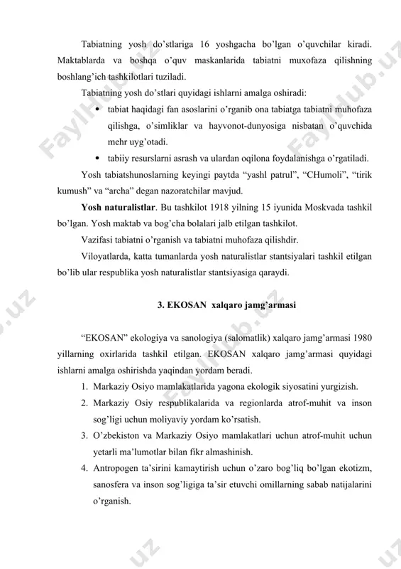 i tashkil etish. 13. ekologik huquq normativ aktlarini ishlab chiqish va orol va orolbo’yi muammosi bo’yicha tez yordam ko’rsatish. 4. orol va orolbo’yi muammosi 1993 yil 26 martda rossiya va markaziy osiyo mamlakatlarining rahbarlari qozog’iston respublikasining qizil o’rda shag’rida orol va orolbo’yida ekologik muammolarga bag’ishlangan konferentsiyaga yig’ilib orol va orolbo’yi ekologiyasi mavzusida orolni saqlab qolish xalqaro jamg’armasi tuzildi. rossiya va markaziy osiyo mamlakatlari rahbarlari 1994 yil 11 yanvarda nukusda orol va orolbo’yi muammosiga bag’ishlangan kengash o’tkazdi. bu kengashda orol va orolbo’yi ekologiyasiga bag’ishlangan tadbirlar ishlab chiqildi. 1995 yil 20 sentyabrda nukus shahrida markaziy osiyo mamlakatlari rahbarlari uchrashuvi o’tkazilib unda, jahon banki orol muammosiga moliyaviy yordam berishini e’lon qildi. olma-otada 1997 yil 28 fevralda markaziy osiyo mamlakatlari rahbarlari orol va orolbo’yi ekologik muammosiga bag’ishlangan “almati bayonoti” e’lon qilindi. bu bayonotda shunday deyiladi: “bmt va uning ixtisoslashagan agentligi orol dengizi havzasida vujudga kelgan tang vaziyatga doimiy e’tibor berish hamda bu mintaqada atrof-muhitni …