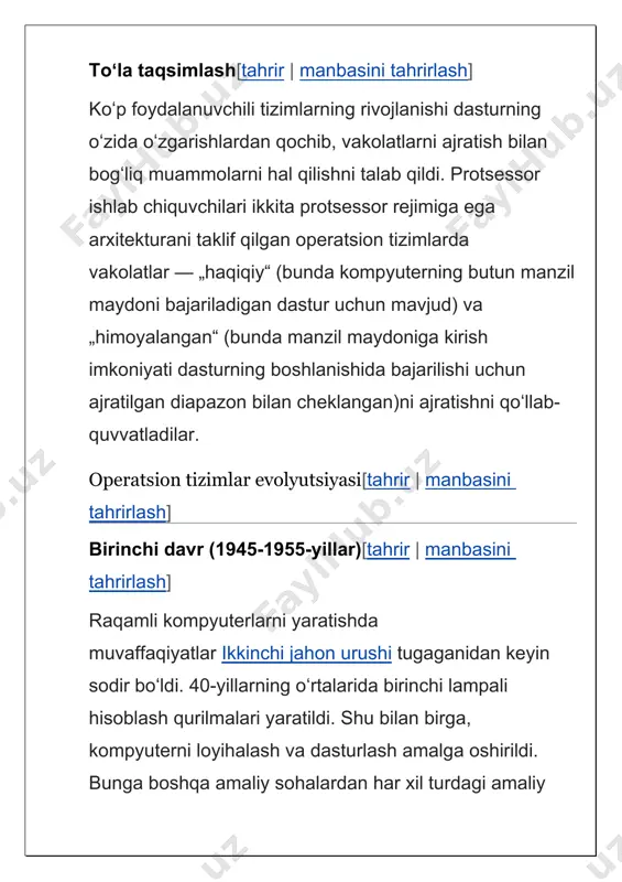 t bajariladigan hisoblash jarayonini tashkil qilish usulidir. bitta dastur kiritish-chiqarish operatsiyasini bajarayotganda, protsessor dasturning ketma-ket bajarilishida boʻlgani kabi (bitta dasturli rejim) boʻsh turmaydi, balki boshqa dastur (koʻp dasturli rejim)ni bajaradi. bunday holda, har bir dastur boʻlim deb ataladigan oʻz operativ xotirasiga yuklanadi. yana bir yangilik paydo boʻldi — spuling (spooling). oʻsha paytda spuling hisoblash jarayonini tashkil qilish usuli sifatida aniqlangan, unga muvofiq vazifalar perfokartalardan diskka hisoblash markazida paydo boʻlgan tezlikda oʻqiladi va keyingi vazifa tugagach, diskdan yangi vazifa boʻshatilgan boʻlimga yuklandi. partiyali ishlov berish tizimlarini multidasturlash orqali amalga oshirish bilan bir qatorda yangi turdagi operatsion tizim — vaqtni taqsimlash tizimlari paydo boʻldi. toʻrtinchi davr (1980-yildan buyon)[tahrir | manbasini tahrirlash] operatsion tizimlar evolyutsiyasining toʻrtinchi davri yirik integral mikrosxemalarning (yim) paydo boʻlishi bilan bogʻliq. bu yillarda integratsiya darajasining keskin oʻsishi va mikrosxemalarning narxining pasayishi kuzatildi. kompyuter hamma uchun mavjud boʻldi va shaxsiy kompyuterlar davri boshlandi. arxitektura nuqtayi nazaridan shaxsiy kompyuterlar pdp-11 kabi …