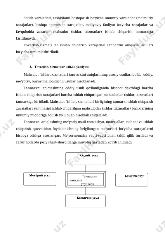 n asosiy vositalar eskirishi summasi; g) ishlab chiqarish ahamiyatiga ega bo’lgan boshqa xarajatlar. sotish xarajatlari, tashkilotni boshqarish bo’yicha umumiy xarajatlar (ma’muriy xarajatlar), boshqa operatsion xarajatlar, moliyaviy faoliyat bo’yicha xarajatlar va favqulodda zararlar mahsulot (ishlar, xizmatlar) ishlab chiqarish tannarxiga kiritilmaydi. tovar(ish,xizmat) lar ishlab chiqarish xarajatlari tannarxni aniqlash usullari bo’yicha umumlashtiriladi. 2. tovar(ish, xizmat)lar kalьkulyatsiyasi. mahsulot (ishlar, xizmatlar) tannarxini aniqlashning asosiy usullari bo’lib: oddiy, me’yoriy, buyurtma, bosqichli usullar hisoblanadi. tannarxni aniqlashning oddiy usuli qo’llanilganda hisobot davridagi barcha ishlab chiqarish xarajatlari barcha ishlab chiqarilgan mahsulotlar (ishlar, xizmatlar) tannarxiga kiritiladi. mahsulot (ishlar, xizmatlar) birligining tannarxi ishlab chiqarish xarajatlari summasini ishlab chiqarilgan mahsulotlar (ishlar, xizmatlar) birliklarining umumiy miqdoriga bo’lish yo’li bilan hisoblab chiqariladi. tannarxni aniqlashning me’yoriy usuli xom ashyo, materiallar, mehnat va ishlab chiqarish quvvatidan foydalanishning belgilangan me’yorlari bo’yicha xarajatlarni hisobga olishga asoslangan. me’yornomalar vaqti-vaqti bilan tahlil qilib turiladi va zarur hollarda joriy shart-sharoitlarga muvofiq qaytadan ko’rib chiqiladi. ( м еъёрий усул таннархни аниқлаш усуллари …