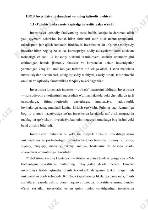 z kerak. bunda nafaqat xorijiy, balki milliy investitsiya resurslari ham ko‘zda tutilmoqdaki, ularning chet elga «oqib ketishi» ular uchun o‘z mamlakatida yaratilgan muhit unchalik qulaymasligini ko‘rsatadi. mintaqalar investitsiya muhitining mazmuni quyidagilar hisoblanadi: · ob’ektiv omillar; · iqtisodiyotning turli darajalari bo‘yicha investitsiya muhitini tabaqalashtirish; · milliy iqtisodiyot investitsiya muhitining mintaqalar investitsiya muhitlari · majmuiga olib kelmasligi (sinergizm xossasi); · mintaqa iqtisodiy tizimiga investitsiya muhitini kiritish; · ma’lum sharoitlar oqibati sifatida turli risklarning vujudga kelishi. xorijiy investitsiyalarni jalb qilish o‘zbekiston respublikasi davlat investitsiya siyosatining ustuvor yo‘nalishlaridan biridir. ko‘plab davlatlar uchun mahalliy tabiiy xomashyo va mehnat resurslari bilan uyg‘unlashgan chet el investitsiyalari makro va mikro darajada investitsiyalar rolini o‘ynab, davlatning tezkor iqtisodiy o‘sishi uchun katalizator bo‘lib xizmat qiladi. chet ellik sarmoyadorlar o‘zlarining investitsiyalariga qo‘shimcha ravishda mamlakatga sivilizatsiyalashgan bozor elementlarini olib kelmoqdalar: yuqori sifatli menejment, boshqaruv tajribasi, marketing, innovatsion resurslar, axborot texnologiyalari, xalqaro hamkorlik va hamkorlik standartlari, ular o‘rnatgan aloqalar va savdo yo‘nalishlari orqali …