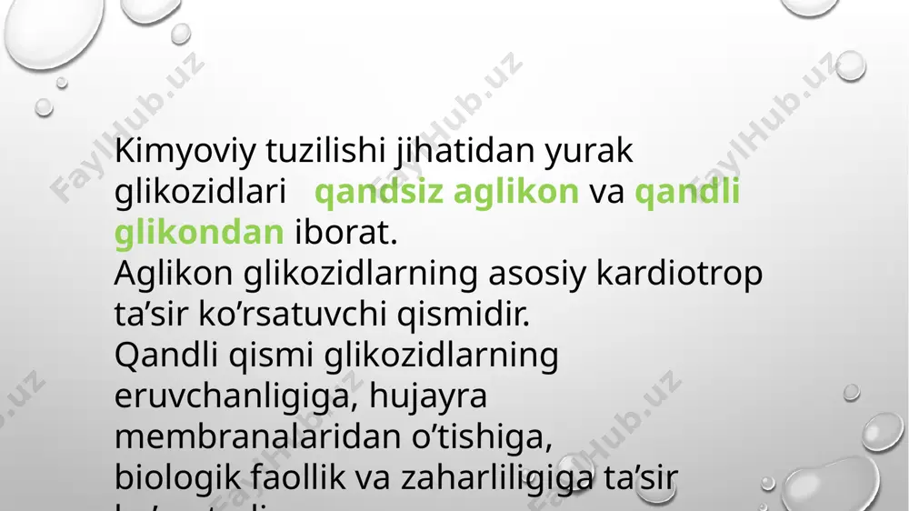 mli bo’lmaydi. 2. o’rtacha muddat ta’sir etuvchi moddalar digoksin, selanid, adonizid, og’iz orqali yoki venaga yuboriladi. venaga yuborilganda ta’siri tez, ichilganda sekin boshlanadi va davomliroq bo’ladi. 3. uzoq muddat ta’sir etuvchi moddalar digitoksin og’iz orqali yuborilganda ta’siri asta-sekin boshlanib davomli bo’ladi, moddaning kumulyativ xususiyati bor glikozidlar yosh bolalar organizmidan kattalarga nisbatan siydik orqali tezroq chiqib ketadi, shuning uchun sutkali miqdorni ikkiga bo’lib yuborish tavsiya etiladi. yosh bolalarda miokard toj tomirlar orqali qon bilan yaxshi ta’minlangan bo’ladi, shuning uchun u yerdan glikozidlarning chiqib ketishi tezroq o’tadi.yosh bolalar organizmi glikozidlarga nisbatan kamroq sezuvchan bo’ladi, shuning uchun ular tana vaznining har bir kilogramiga kattalarga to’g’ri keladigan yoki undan oshiqroq miqdorda tayinlanadi. yurak glikozidlari o’tkir va surunkali yurak-qon tomir yetishmovchiligida qo’llaniladi. glikozidlar yurak ritmi izdan chiqqanda: mertsal, paroksizmal aritmiya, supraventrikulyar taxikardiya, umuman taxikardiyalarda ham qo’llaniladi. o’tkir yetishmovchilikda tez ta’sir etuvchi moddalar strofantin, korglikon, konvallatoksin venaga yuboriladi. surunkali yetishmovchilikda asosan digitalis moddalari digitoksin, selanid, adonizid, …