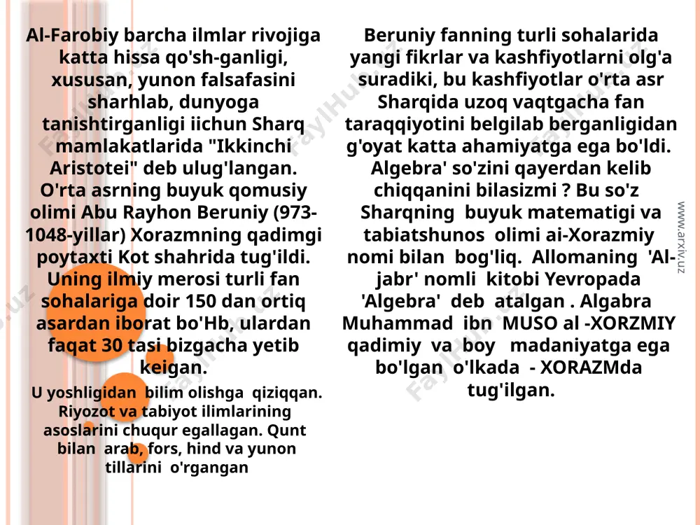 a matematika bo’yicha asosiy darsliklar bo’lib xizmat qilgan. al–xorazmiyning taxallusi sal shakli o’zgargan holida «algoritm» so’ziga aylanib, avvaliga o’n xonali o’rinlar belgilangan arifmetikaning butun tizimini anglatgan. keyinchalik bu atama matematikada ma’lum amallarni muayyan tartibda bajarish ketma-ketligi ning qoidasi kabi kengroq ma’noga ega bo’ldi. www.arxiv.uz shunday qilib, «al-jabr» va «al-muqobala» amallari hozirda qo’llanadigan tenglama hadlarining tenglamaning bir qismidan boshqasiga ko’chirilishi va o’xshash hadlarning keltirilishi amallarining o’rnida qo’llangan. ushbu ikkita amal al–xorazmiyga birinchi va ikkinchi darajali har qanday algebraik tenglamani namunaviy shakllardan biriga keltirishga imkon berdi, bunday shakllar al–xorazmiyning ta’limotida oltita. kvadrat tenglamalarni yechishning faqat geometrik usullaridan foydalangan yunonlardan farqli ravishda, al–xorazmiy faqat o’zining og’zaki ritorik yechimining to’g’riligini isbotlash uchungina chizmalardan foydalanadi. www.arxiv.uz bu tangalar al-xorazmiyning tug’ilgan kunini nishonlashganda al-xorazmiyning rasmi tushirilgan tangalar ishlab chiqarildi www.arxiv.uz markaziy osiyo xalqlari uzoq tarixga egadir. bu davrda u qadimgi sug`d, xorazm, farg`ona. usrushana, chag`oniyon kabi o`lkalardan iborat bo`lib, g`arb bilan sharq mamlakatlarini bog`lovchi “ipak yo`li” …