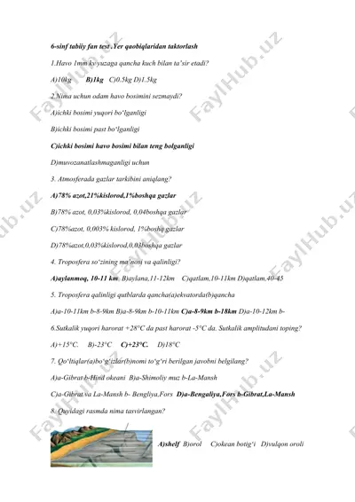 6-sinf tabiiy fan test .yer qaobiqlaridan taktorlash — DOCX