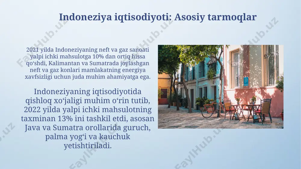 , bu esa shaharlarni rivojlantirish va boshqarishda katta qiyinchiliklar tug'dirdi. java orolida, masalan, surabaya va bandung kabi shaharlarning tez o'sishi tufayli zich aholi zichligi va infratuzilma muammolari kuchaygan, bu esa shahar atroflarining tarqalishiga olib keldi. ispaniya iqtisodiyoti: asosiy tarmoqlar qishloq xo'jaligi ispaniya iqtisodiyotining nisbatan kichik qismini tashkil qiladi, ammo andalusiya mintaqasida zaytun moyi va sitrus mevalari ishlab chiqarish kabi muhim mahsulotlarni eksport qilishda muhim rol o'ynaydi va taxminan 3% yalpi ichki mahsulotga hissa qo'shadi. ispaniya iqtisodiyotining muhim qismi bo'lgan turizm sohasi 2022-yilda yalpi ichki mahsulotning taxminan 12% ini tashkil etdi, bu esa 80 milliard evrodan ortiq daromad keltirdi va asosan kosta brava va kanar orollari kabi sayyohlik joylariga bog'liq. ispaniyaning mintaqaviy rivojlanish darajasi ispaniyaning shimoli-sharqiy mintaqalari, masalan, kataloniya va basklar mamlakati, janubiy ispaniyaga qaraganda yuqori darajada rivojlangan bo'lib, yalpi ichki mahsulotining 20% dan ortig'ini tashkil qiladi. ispaniyaning qishloq xo'jaligi bilan shug'ullanuvchi janubiy mintaqalari, masalan, andaluziya, milliy yalpi ichki mahsulotga nisbatan …