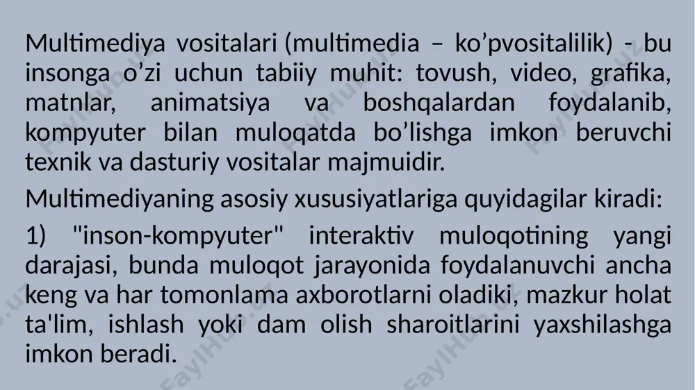 mkoniyatiga erishilishi mumkinligi va bosh­qalar. multimedia vositalarini ta'limda qo‘llash quyidagilarga imkoniyat yaratadi: • ta'limning gumanizatsiyalashuvini ta'minlash; • o‘quv jarayonining samaradorligini oshirish; • ta'lim oluvchining shaxsiy fazilatlarini rivojlantirish (o‘zlashtirganlik, bilimga chanqoqlik, mustaqil ta'lim olish, o‘zini o‘zi tarbiyalash, o‘zini o‘zi kamol toptirishga qaratilgan qobiliyatlilik ...); • ta'lim oluvchining kommunikativ va ijtimoiy qobiliyatlarini rivojlantirish; • kompyuter vositalari va axborot elektron ta'lim resurslari yordamida har bir shaxsning alohida (individual) ta'lim olishi hisobiga ochiq va masofaviy ta'limni individuallashtirish va differensiyalash imkoniyatlari sezilarli darajada kengayadi; • ta'lim oluvchiga faol bilim oluvchi sub'yekt sifatida qarash, uning qadr- qimmatini tan olish; • ta'lim oluvchining shaxsiy tajribasi va individual xususiyatlarini hisobga olish; • mustaqil o‘quv faoliyatini olib borish, bunda ta'lim oluvchi mustaqil o‘qib va rivojlanib boradi; • ta'lim oluvchilarda, o‘zlarining kasbiy vazifalarini muvaffaqiyatli bajarish uchun hozirgi tez o‘zgaruvchan ijtimoiy sharoitlarga moslashuviga yordam beradigan zamonaviy ta'lim texnologiyalaridan foydalanish ko‘nikmalarini hosil qilish. kundalik turmushda ovozli(audio) yoki video ma’lumotlardan keng foydalanamiz. ya’ni …