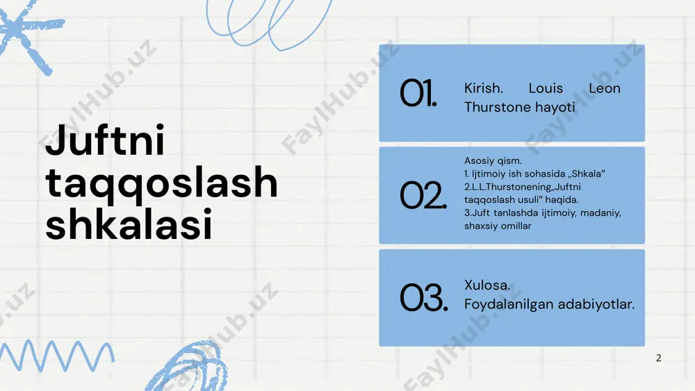 zimlarida qo'llashadi. juft tanlash usuli 6 l.l. thurstonning "juftni taqqoslash usuli" (pair comparison method) - bu odamlar yoki narsalar o'rtasidagi taqqoslashni amalga oshirish uchun ishlatiladigan usuldir. ushbu metod, odatda, psixologiya, marketing yoki iste'molchi xulqini o'rganish kabi sohalarda qo'llaniladi. ushbu metodda bir nechta variantlar yoki tanlovlar ikki-ikkidan taqqoslanadi va har bir juftni solishtirib, qaysi biri yaxshiroq yoki afzal ekanligini belgilash so'raladi. shu tarzda, turli variantlar o'rtasida umumiy tartib yoki reytinglar hosil qilinadi. 7 misol uchun, agar sizda bir nechta mahsulot bor va ularni turli xususiyatlar bo'yicha taqqoslash kerak bo'lsa, siz har bir mahsulotni boshqa mahsulot bilan solishtirib, qaysi biri yaxshiroq ekanini belgilaysiz. so'ngra, barcha taqqoslashlar natijasida umumiy reyting yoki tartib tuziladi. thurstonning bu usuli, o'quvchilarga yoki iste'molchilarga turli tanlovlar orasidagi afzalliklarni osonroq aniqlash imkonini beradi 8 agar siz o'zingizga juft tanlamoqchi bo'lsangiz va ijtimoiy jihatdan ularni taqqoslashni amalga oshirsangiz, bu jarayon bir nechta psixologik va ijtimoiy omillarni hisobga olishni talab qiladi. …