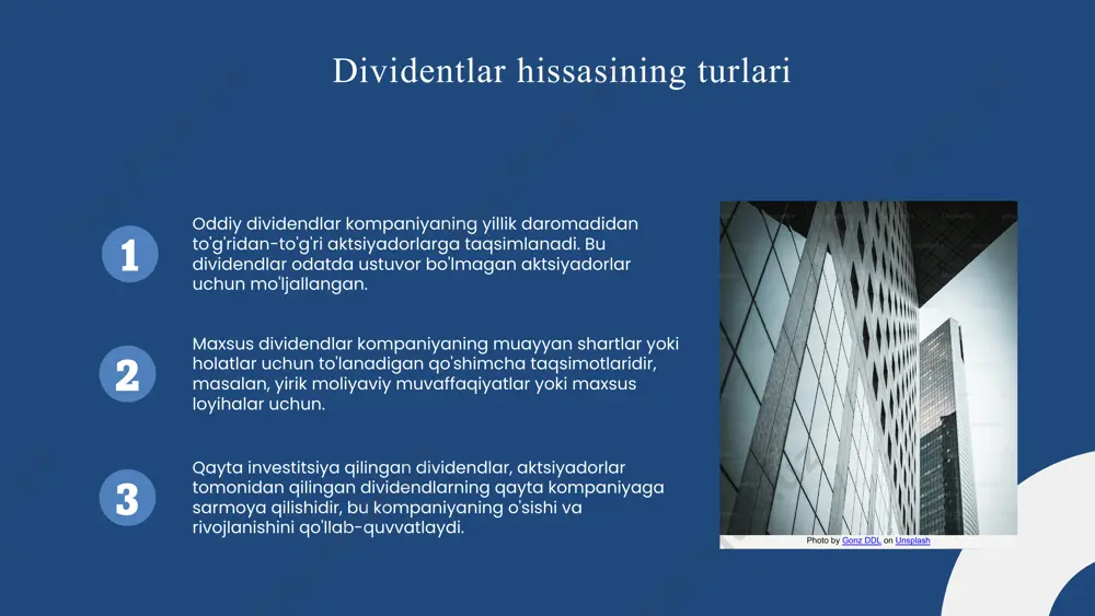 ozor ishonchini oshirish, resurslarni kengaytirish imkonini beradi. o'sish strategiyalari: foyda o'sishi va xarajatlarni kamaytirish orqali dividendlarni ko'paytirishga qaratilgan. 1 2 3 4 dividentlar hissasini kamaytirish strategiyalari dividentlar hissasini kamaytirish uchun asosiy strategiyalar: daromadlarni qayta investitsiya qilish, yangi investitsiya imkoniyatlarini izlash, moliyaviy barqarorlikni saqlash. kamaytirish usullari: bosqichma-bosqich dividendni kamaytirish, aksiyalar sonini qisqartish, dividend siyosatini yangilash. xavflar: investorlarning daromadining kamayishi, ishonchning pasayishi. salbiy ta'sirlar: qisqa muddatli moliyaviy holat, bozor imidji. photo by yaroslav zotov on unsplash dividentlar hissasini oshirishda risklarni boshqarish risklarni aniqlash va baholash: risklarni tahlil qilish muhim, chunki bu xavf-xatarlarni oldindan ko‘rishga va ularni boshqarishga yordam beradi. bu jarayonda bozor sharoitlari, kompaniya moliyaviy holati va iqtisodiy omillar hisobga olinadi. risklarni kamaytirish strategiyalari: diversifikatsiya, moliyaviy ehtiyot choralari, dividend siyosatini ehtiyotkorlik bilan belgilash va pul oqimining barqarorligini ta'minlash kabi usullar risklarni kamaytirishda yordam beradi. bu usullar kompaniyaning barqarorligini oshiradi. investorlar bilan muloqot va ishonchni saqlash: ochiq va halol muloqot, dividend siyosati va …