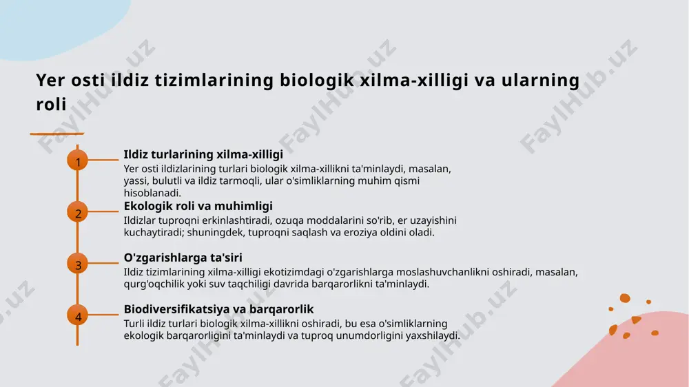 ildiz tizimlari tuproqni mustahkamlaydi, eroziya va suv to‘planishining oldini oladi, bu esa ekotizimlarning barqarorligini ta’minlaydi. o'zbekiston yer osti strukturalarining barqarorligi va muhofazasi uchun asosiy omillar 01 ekologik muhit va tuproq holati o'zbekiston yer osti strukturalarining barqarorligi tuproq va ekologik sharoitga bog'liq. toza va suv resurslariga boy muhit ildizlar rivojini ta'minlaydi. 02 ildiz turlari va ularning moslashuvi ildizlarning xilma-xilligi va moslashuvchanligi yer osti strukturalarining barqarorligini ta'minlaydi. ular qattiq sharoitlarga qarshi turishda muhim rol o'ynaydi. 03 ekologik ta'sir va inson faoliyati inson faoliyati, masalan, qishloq xo'jaligi va qurilish, yer osti tizimlariga ta'sir qiladi. bu ta'sirlar ildizlarning rivojlanishi va barqarorligiga tahdid soladi. 04 tabiiy va insoniy muhofaza choralari yer osti strukturalarini muhofaza qilish uchun tabiiy muhitni saqlash va barqaror landshaftni yaratish muhim. bu ildizlarning ekologik funksiyalarini mustahkamlaydi. xulosa ildizlarning ekologik ahamiyati va funktsiyalari yer osti xilma-xilligi va barqarorlik muhimligi muhofaza va barqarorlik uchun asoslar ildizlar tuproqni erkinlashtiradi, suv va oziqa moddalarini uzatadi, tuproq …