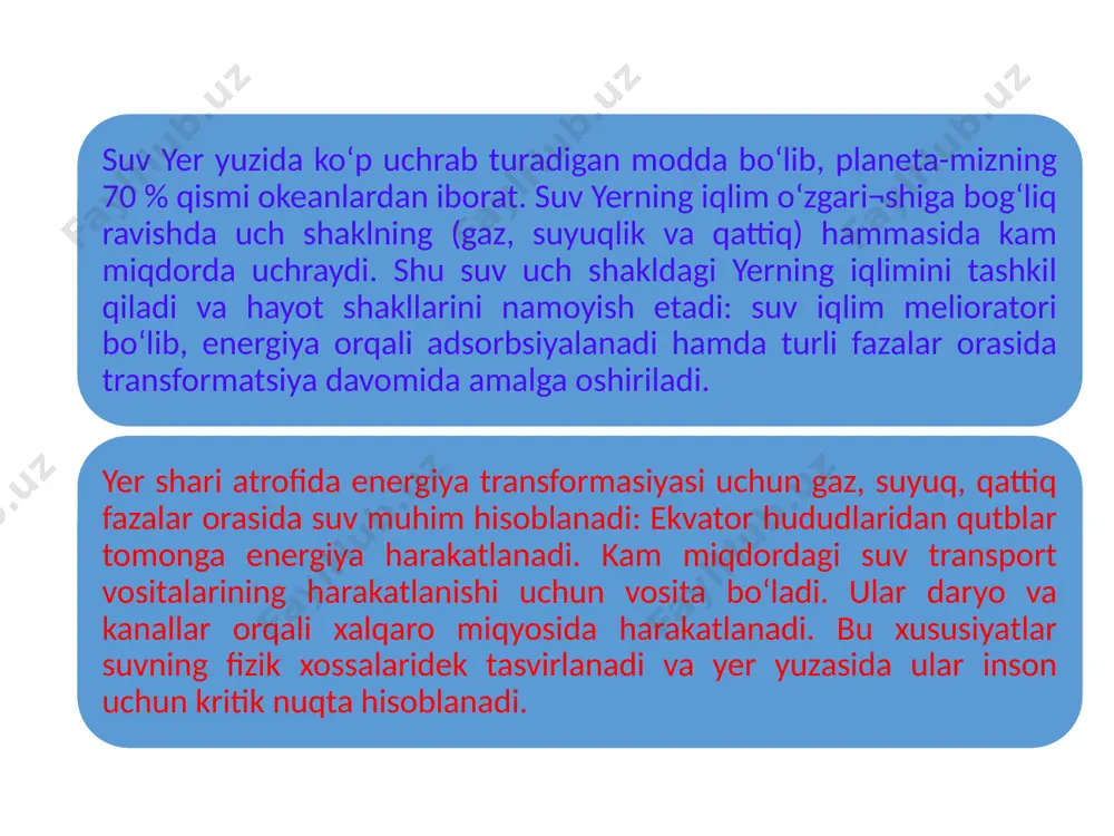 ent bog‘lar o‘zgarmas qatorlarda ko‘rsatilgan. manba: mcdonald va kaydan (1988) redrawn va rusell (1976) gidrologik sikl gidrologiyani o‘rganishning boshlang‘ich nuqtasi sifatida gidrologik silk o‘rganiladi. suv konseptial modul sifatida qattiq, suyuq va gaz holatda yer va atmosferada harakatlanadi. gleick (1993) keltirgan ma’lumotlar asosida suv 1,36 dan 1,45 ming million km3dan iborat ekanligini ko‘rsatadi. bularning aso¬siy¬lari okean va daryolarda bo‘ladi. yaroqli bo‘lgan 1 km chuqur¬lik¬da¬gi yer osti suvlarini hisoblasak, qor va muzlarni hisobga olmagan holda, unda insonga yaroqli bo‘lgan umumiy suvning hajmi 0,27 foizni tashkil atadi. bu bir kunda har bir odamga o‘rtacha hisobda 146 million litr suv to‘g‘ri kelishini ko‘rsatadi (dunyo aholisi 7 milliard deb hisoblaganda); barcha inson ehtiyojlarini qondirish uchun bu miqdor yetarli ekanligini stumm (1986) aniqlab berdi, (3-chizma) suvning yer-atmosferada harakatlanish tizimi va global gidrologik sikli tasvirlab berilgan. 3-chizma. jami global gidrologik sikl. tasvirlangan raqamlar suvning jami miqdorini taxminan ko‘rsatadi. e=bug‘lanish; p-yomg‘ir yog‘ishi; qg=yer osti yuvilishi; q=yer usti yuvilishi …