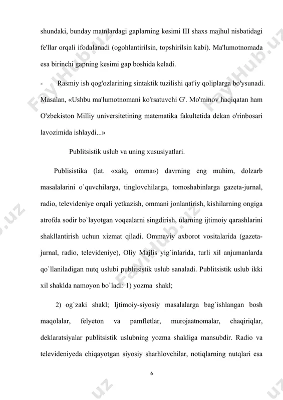 rning asosiy mohiyatini ifodalovchi sarlavhalar qo`yiladiki, bu hol o`quvchining diqqatini jalb qiladi. («qonun barchaga barobarmi?», «kafolat va‘da emas», «chetlatilgan mutaxassis», «tuya ko`rdingmi – yo`q», «chumchuq so`ysa ham qassob so‘ysin»). ayrim hollarda vaqtli matbuotda felyeton, kichik hikoyalar, romandan parchalar ham beriladi. bu holda ommabop uslub badiiy uslub bilan qo`shilib ketadi. ommabop uslub kundalik ijtimoiy hayot ko`zgusidir. ommabop uslubni shakllantiruvchi vositalar ijtimoiy-siyosiy atama va birikmalar bo`ladi: fuqarolik burchi, iqtisodiy tejamkorlik, siyosiy vaziyat, siyosiy va ijtimoiy kuchlar, iqtisodiy vaziyat, hukumat tangligi va b. publitsistik uslub ommaviy axborot vositalari uslubidir. bu uslubning muhim xususiyati axborot berish va ta’sir qilish, soddalik, tushunarlilik, ta’sirchanlik, adabiy til me’yorlariga qat’iy amal qilishdir. publitsistika bir qancha janrlarga ega. til birliklari va materialidan fikrni ifodalash maqsadida foydalanish jarayoni nutq sanaladi. hayotning turli sohalari, turlicha nutq vaziyatlarida tildagi leksik, frazeologik, fonetik va grammatik vositalarni tanlash va ulardan foydalanish usullari ham har xil bo‘ladi. shunga ko‘ra, nutqning quyidagi uslublari o‘zaro farqlanadi: so‘zlashuv …