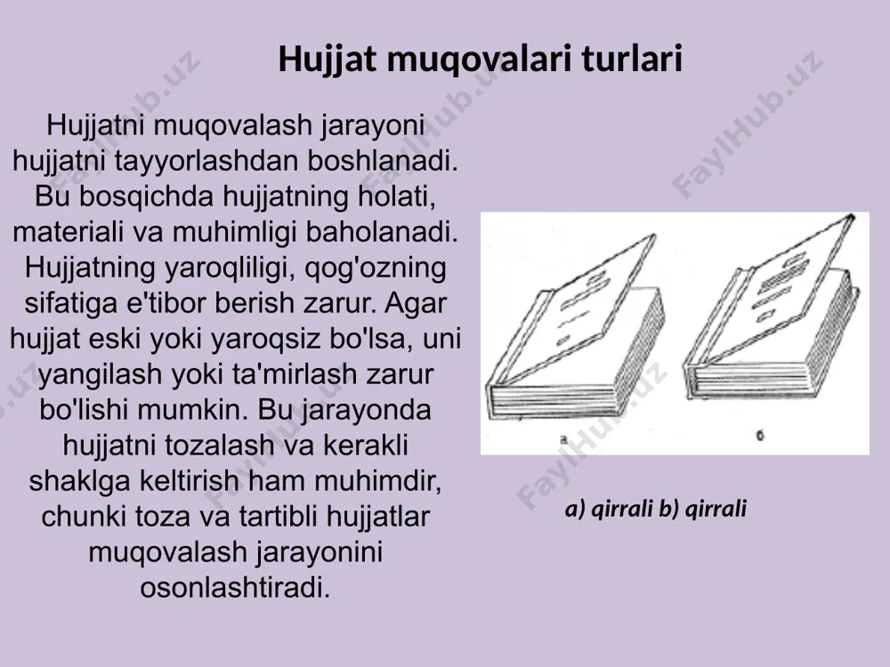 qog'ozlar ma'lum bir kuchlanish ostida chiziqli o'lchamlarini o'zgartirmasligi kerak; - rulonlardagi material mahkam va bir tekis o'ralgan bo'lishi kerak; - rulondagi qo'shimchalar soni minimal bo'lishi kerak; - mato yoki qog'oz elimdan nam bo'lmasligi va old tomonga o'tishi kerak. yelim ma'lum bir yopishqoqlikka ega bo'lishi kerak, u juda tez qurib ketmasligi va ko'piklanishi kerak. xulosa muqovasozlik (muqovachilik, sahhoflik) — kitob, jurnal va boshqalarni muqovalash kasbi; matbaa jarayonlaridan biri. muqovalash kitob blokini ishlash (juzlangan daftarlarni tikish, yelimlash, presslash, uch tomonidan tekislab kesish), muqova gʻilofini tayyorlash (gʻilofni yigʻish, ungatasvir va matnni tushirish) va muqovani kitob bloki bilan biriktirish kabi jarayonlardan iborat. bu jarayonlar potok liniyalarda mashinalar yordamida amalga oshiriladi. asosiy adabiyotlar: 1. alimov i, ergashev f, butaev a. arxivshunoslik. o’quv qo’llanma – t.: sharq, 1997. 2. alimov i.a. arxivshunoslik. o’quv qo’llanma – andijon: adu, 2005. 3. boboqulov b. arxiv ishi nazariyasi va amaliyoti. o’quv qo’llanma. – t., 2011. 4. brjestovskaya n.v. arxivi i …