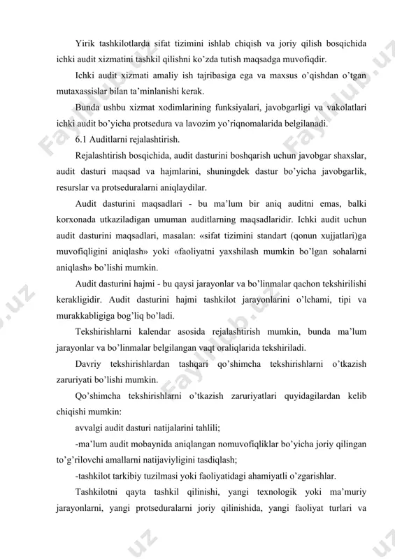 a quyidagi faktorlarni hisobga olish kerak: -amaldagi dasturlar, loyihalar, kontraktlar. -tashqi tekshirish ehtimoli. tashqi auditga tayyorgarlik ko’rish uchun navbatdan tashqari ichki audit o’tkazish maqsadga muvofiq bo’ladi. -potensial muammolarni ko’rsatuvchi, ma’lumotlar tahlillari natijalari. bu faktorlarni o’rganib chiqib, ma’lum bo’linma faoliyatini tekshirish zaruriyatini aniklash mumkin. audit dasturi bo’yicha resurslar. tashkilot, auditlarni rejalashtirish bosqichida, audit dasturi bo’yicha qanday resurslar kerak bo’lishini aniqlashi va ularni ajratilishini ta’minlashi kerak. resurslarni aniqlashda quyidagilarni hisobga olish kerak: -ichki auditlarni o’tkazish uchun xodimlar. auditorlarni tekshirilayotgan faoliyatdan xolisligini ta’minlash uchun kichik korxonalarda auditlarni o’tkazish uchun tashqaridan mutaxassislarni taklif qilish extimolining mavjudligi; -auditorlarni uslubiy qo’llanmalar, ma’lumot hujjatlar, yo’riqnomalar, ma’lumotlarni qayd qilish shakllari bilan ta’minlash uchun resurslar; -auditorlar layoqatini baholash va ta’minlash, ularni ish faoliyatini yaxshilash uchun resurslar. masalan, auditorlarni o’qitish, seminarlar o’tkazish, auditorlarni maxsus adabiyotlar bilan ta’minlash uchun resurslar. audit dasturi bo’yicha protsedura. tashkilot: -auditlarni rejalashtirish va auditorlar guruhini shakllantirish tartibini; -auditorlarni layoqatini baholash va ta’minlash bo’yicha faoliyatni; -auditlarni o’tkazish, …