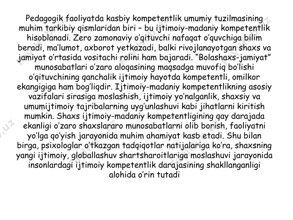 odatlarini rivojlantirishga o’tish bilan tavsiflanadi. talabalarning ijtimoiymadaniy kompetentligini rivojlantirish jarayonini pedagogik va psixologik fanlar kursi, o’quv fanlarini o’qitish metodikasi va pedagogik amaliyotni o’z ichiga olgan bir necha bosqichda amalga oshirish zarur xullas, kompetentlikga asoslangan yondashuvning maqsadi zamonaviy ta’lim nuqtai nazaridan kelib chiqqan holda, mutaxassisning nazariy bilimlari va uni amaliy qo’llash o’rtasidagi uzilishni yengishga intilishdir. shuning uchun zamonaviy o’quv jarayoni amaliyotda qo’llanilishi qiyin bo’lgan bilimlarni talabalarga berishdan iborat emas, aksincha shu bilimlarni dolzarb kasbiy muammolarni hal qilish uchun safarbar etish, shuningdek o’quv jarayonida bu kabi muammolarni talabalarning o’zlari mustaqil ravishda hal qilishlari uchun sharoit yaratishdan iborat bo’lishi kerak. bo’lajak boshlang’ich sinf o’qituvchilarida ijtimoiy-madaniy kompetentlikni rivojlantirishning barcha xususiyatlarini to’liq o’rganish uchun quyidagi qator jihatlarga e’tibor qaratish lozim: - ta’lim-tarbiya jarayonida milliy, ma’naviy va tarbiyaviy qadriyatlarga talabalarda ijtimoiy-madaniy kompetentlikni rivojlantirishning muhim omili sifatida qarash; - bo’lajak o’qituvchilarda ijtimoiy-madaniy kompetentlikni rivojlantirish uchun ularda yuqori darajadagi kommunikativ va psixologik to’siqlarni kamaytirishga doir maxsus bilimlar tizimini …