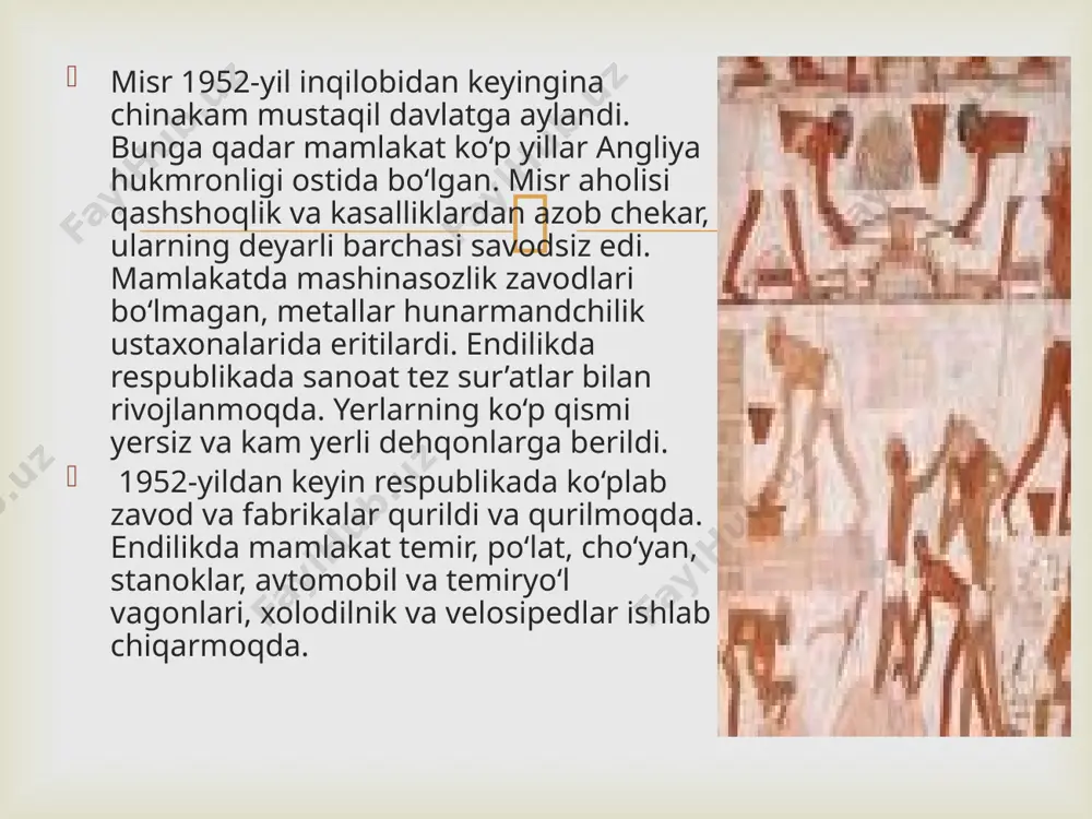 om“, kundalik gaz., 1875 y.dan), „al-axbor“ („xabarlar“, kundalik gaz., 1944 y.dan), „al-jumhuriya“ („respublika“, kundalik gaz., 1953 y.dan), „al-aholi“ (kundalik gaz., 1978 y.dan), „axbor al-yaum“ („kun yangiliklari“, kundalik gaz., 1944 y.dan). „alahror“ („liberallar“, haftalik gaz., 1977 y.dan), „al-vafd“ („delegatsiya“, haftalik gaz., 1984 y.dan), „axer saa“ („soʻnggi soatda“, haftalik jur., 1934 y.dan), „alka-vakib“ („yulduzlar“, haftalik jur., 1952 y.dan), „oktobr“ („oktyabr“, oylik jur., 1976 y.dan) — hammasi arab tilida; „jurnal d’ejipt“ („misr gazetasi“, fransuz tilida chikadigan kundalik xususiy gaz., 1936 y.dan), „ijipshn gazett“ („misr gazetasi“, ingliz tilida chiqadigan kundalik gaz., 1880 y.dan), „ijipshn meyl“ („misr pochtasi“, ingliz tilida chikadigan gaz., 1910 y.dan) va b. yaqin sharq axborot agentligi (mena), m.ning rasmiy axborot agentligi, 1955 y.datuzilgan. m. radioeshittirish va telekoʻrsatuv uyushmasi 1928 y.da tashkil etilgan. junalistikasi  misr— agrar-industrial mamlakat. jahon bozoriga yuqori si-fatli uzun tolali paxta va undan toʻqilgan gazlamalarni koʻp mikdorda yetkazib beradi. 70-y.lar oxiri —80-ylar boshlarida neft qazib olish va eksport …