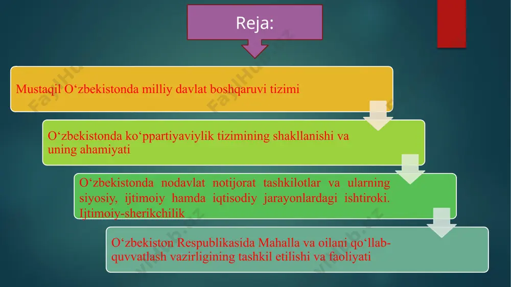o‘zbekiston xdp)» 1991-yil 14-sentabr kuni toshkentda o‘zbekiston kommunistik partiyasining oxirgi favqulodda xxiii s’yezdi bo‘lib, unda kpss tarkibidan chiqish va sifat jihatidan yangi siyosiy tashkilot – «o‘zbekiston xalq demokratik partiyasi»ni tuzish haqidagi bayonot qabul qilindi. 1991-yil 1-noyabr toshkentda bo‘lib o‘tgan i ta’sis qurultoyida o‘zbekiston xdp ga asos solingan. bu quriltoyida partiyaning dasturi va nizomi qabul qilindi. o‘zbekiston xdp ning «o‘zbekiston ovozi», «голос узбекистана» gazetalari va «muloqot» jurnali nashr etilmoqda. veb manzili: https://xdp.uz/ o‘zbekiston «adolat» sotsial – demokratik partiyasi 1995-yil 18-fevralda toshkentda bo‘lgan i ta’sis qurultoyida tuzildi, uning dasturi va nizomi qabul qilindi. adliya vazirligi 1995-yil 18-fevralda «adolat» sdpni ro‘yxatga olgan. partiyaning «adolat» nomli ijtimoiy-siyosiy haftalik gazetasi nashr etilmoqda. veb manzili: https://www.adolat.uz/ o‘zbekiston «milliy tiklanish» demokratik partiyasi (o‘zmtdp) 1995-yil 3-iyunda toshkentda bo‘lib o‘tgan i ta’sis qurultoyida tuzildi va partiyaning dasturi va nizomi qabul qilindi. 1995-yil 9-iyunda o‘zbekiston respublikasi adliya vazirligi partiyani ro‘yxatga olgan. partiyaning «milliy tiklanish» haftalik gazetasi nashr etilmoqda. veb manzili: …