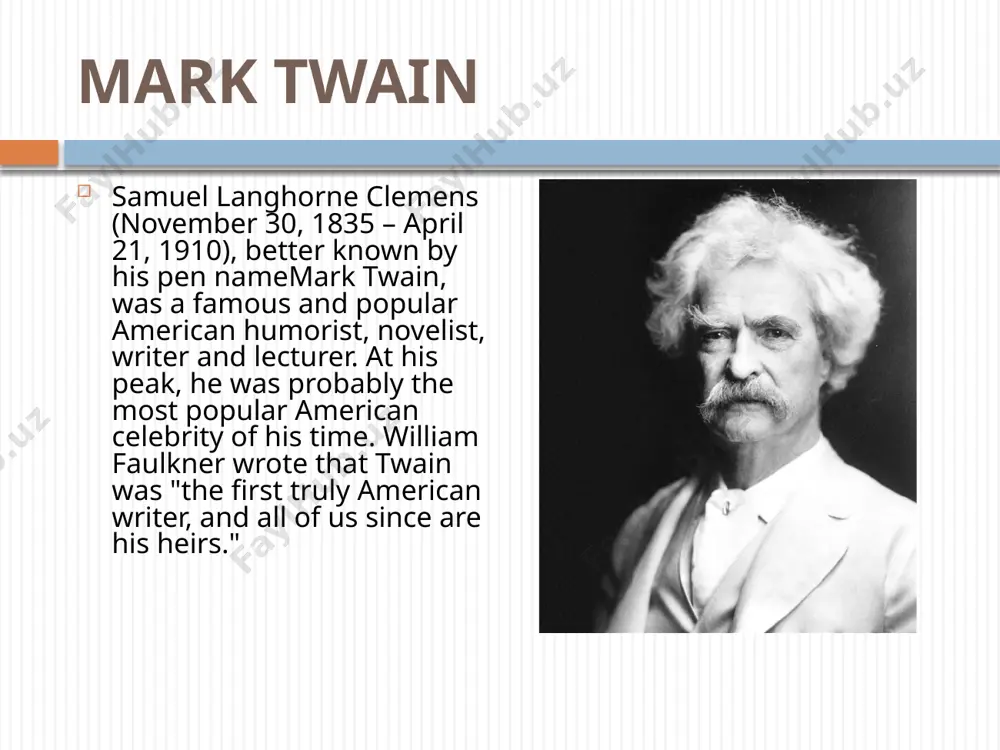 t. [...] he never printedanother paragraph while he lived, and he never again signed mark twain to anything. at the time that the telegraph brought the news of his death, i was on the pacific coast. i was a fresh new journalist, and needed a nom de guerre; so i confiscated the ancient mariner's discarded one, and have done my best to make it remain what it was in his hands-- a sign and symbol and warrant that whatever is found in its company may be gambled on as being the petrified truth; how i have succeeded, it would not be modest in me to say. mark twain was "born" here, in the office of the nevada territorial enterprise, when clemens first used that name on an article published 3 february 1863. clemens died on 21 april 1910. halley's comet was again visible in the night sky. mt's first novel …
