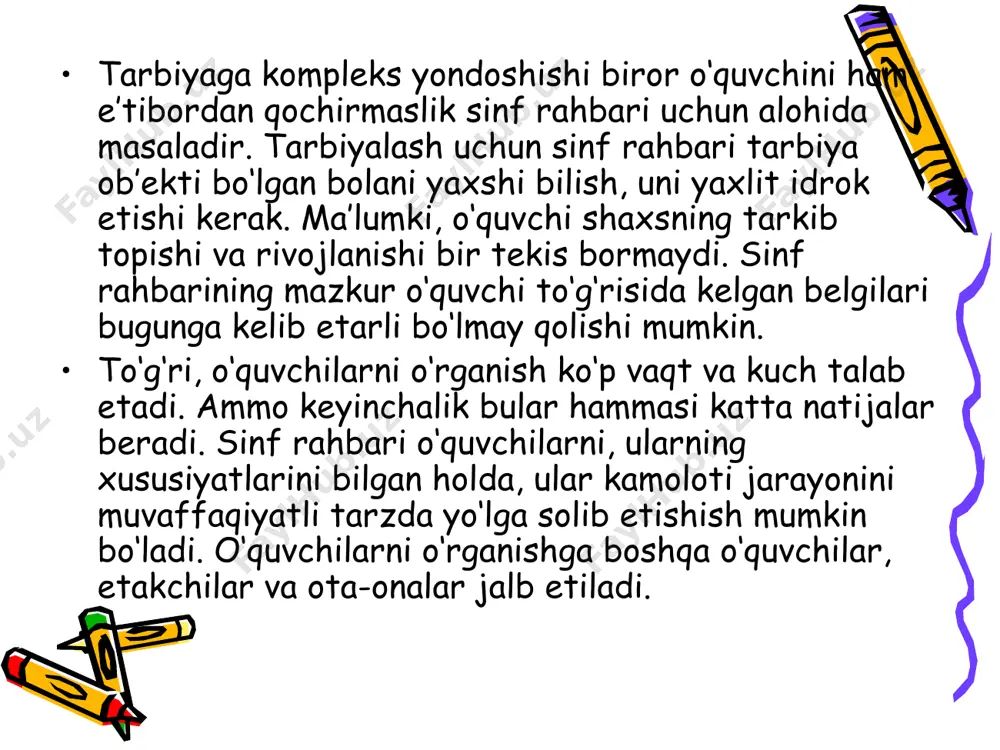 si bolalarning o‘z ota-onalarining kasbi haqidagi tushunchalari, oilada salbiy ta’sirning bor yo‘qligi. 4. bolaga oiladan tashqarida ko‘rsatilayotgan ta’sirlar va ota-onalarning ularda munosabati, o‘rtoqlari, hovli, ko‘cha, qo‘shnilar, ota-onaning tanishlari, qarindoshlar va boshqalar. sinf rahbari tarbiyaviy ishining muvaffaqiyati ko‘p jihatdan uning bolalar ichki dunyosiga chuqur singib kirishiga, ularning kechinmalari hamda xulq-atvorini tushunishiga bog‘liqdir. o‘quvchining nima bilan yashayotganligini, uning qiziqishi va mayillari qandayligini irodasining o‘ziga xosligi hamda harakteri xususiyatlarini o‘rganish deganimiz, uning qalbiga mumkin qadar ishonchli yo‘l topish, unga tarbiyaviy ta’sir etishning hamda maqbul metodlaridan foydalanish demakdir. tarbiyachi o‘quvchilar jamoasini tarbiyalar ekan, hech qaysi o‘quvchini nazardan chetda qoldirmasiligi darkor. o‘quvchilarning xulq-atvori tartib intizomi, o‘zlashtirish ko‘p jihatdan ularning individual xususiyatlariga bog‘liqdir. ba’zi bir o‘quvchi o‘zining o‘qishga bardoshsizligi tufayli darslarga ulgurmaydi, ikkinchi birining darsda yaxshi javob berishga o‘z jur’atsizligi, tortinchoqligi halaqit beradi, yana birining yaxshi o‘qishiga o‘zlashtirilmaganligining sabablarini bilgan taqdirdagina, uning oldini olish borasida, real va ta’sirchan tadbirlar qo‘llash mumkin bo‘ladi. 1. o‘quvchilarning individual xususiyatlarini …