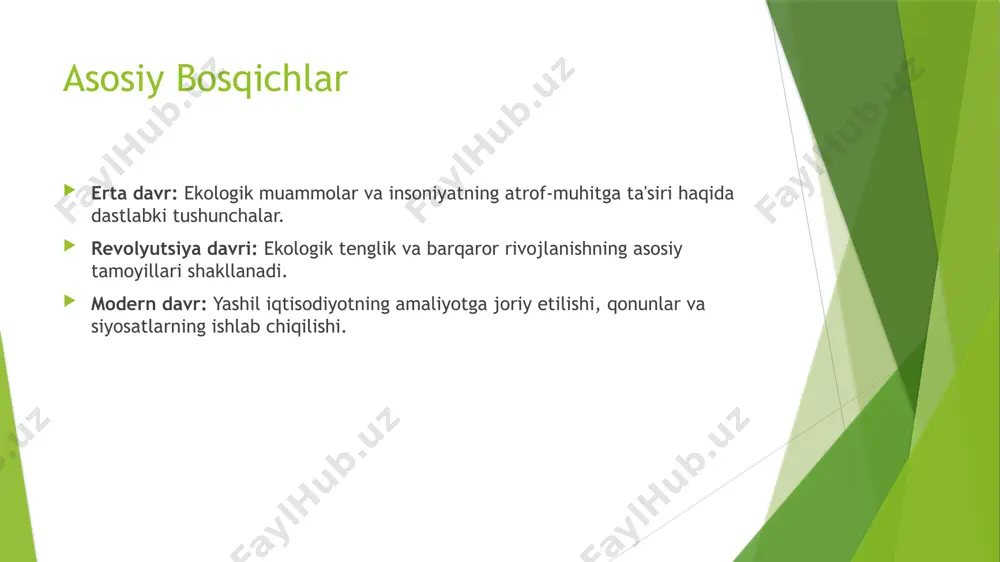 a gidrogen texnologiyalari. inshootlar: yashil inshootlar va arxitektura. yashil moliyalashtirish yashil moliyalashtirish nima? yashil moliyalashtirish — bu atrof-muhitni himoya qilish, barqaror rivojlanish loyihalarini moliyalashtirish va ekologik xavfsiz texnologiyalarga mablag‘ yo‘naltirishga qaratilgan moliyaviy jarayon. yashil moliyalashtirishning asosiy tamoyillari: barqaror rivojlanish maqsadlariga erishish: ijtimoiy, iqtisodiy va ekologik jihatdan barqaror loyihalarni qo‘llab-quvvatlash. ekologik xavfsizlik: yashil energiya va texnologiyalarni rivojlantirishga mablag‘ ajratish. investitsiya xavfsizligi va barqarorligi: tabiiy resurslarni samarali ishlatish va uzoq muddatli barqaror moliyalashtirish strategiyalarini yaratish. asosiy vositalar: yashil obligatsiyalar (green bonds): atrof-muhit va iqlim o‘zgarishlariga qarshi kurash uchun ajratilgan obligatsiyalar. yashil investitsiya fondlari: barqaror loyihalarni moliyalashtirishga yo‘naltirilgan fondlar. barqaror banklar: ekologik va ijtimoiy mas’uliyatga ega banklar va moliyaviy tashkilotlar. kreditlar va grantlar: yashil energiya, ekologik innovatsiyalar va barqaror rivojlanishni qo‘llab-quvvatlash uchun beriladigan mablag‘lar. iqtisodiy adabiyotda "yashil" iqtisodiyotni rivojlantirishning quyidagi yo'nalishlari ajratiladi: 1. tiklanadigan energiya manbalarini o'zlashtirish. 2. chiqindilarni boshqarish tizimini takomillashtirish. 3. suv resurslarini boshqarish tizimlarini takomillashtirish. 4. "sof", "barqaror" yoki "yashil …